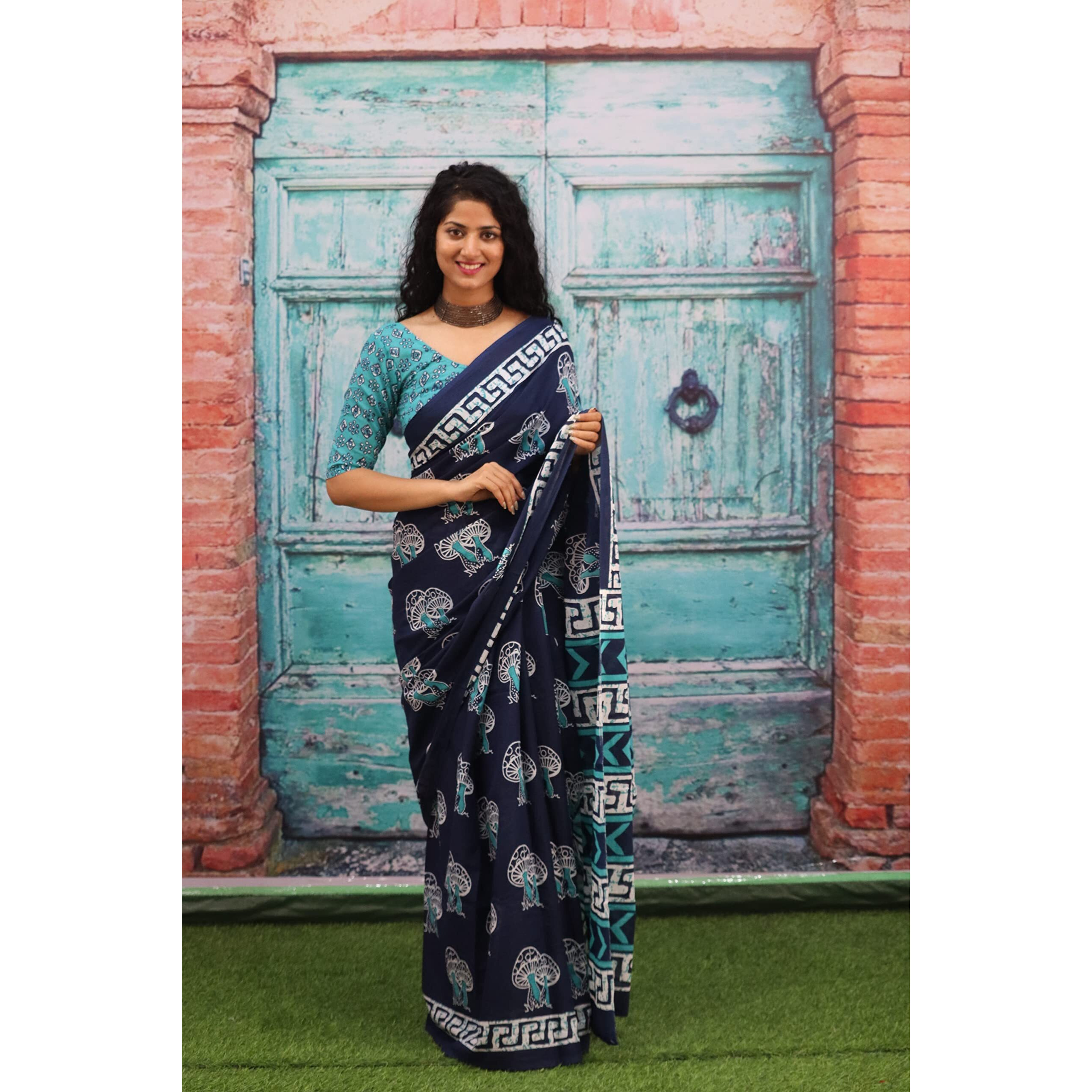 Kiaaron Handicrafts Womens Ikat Hand Block Print Jaipuri Cotton Mulmul Saree with Blouse Piece - Blue_2s