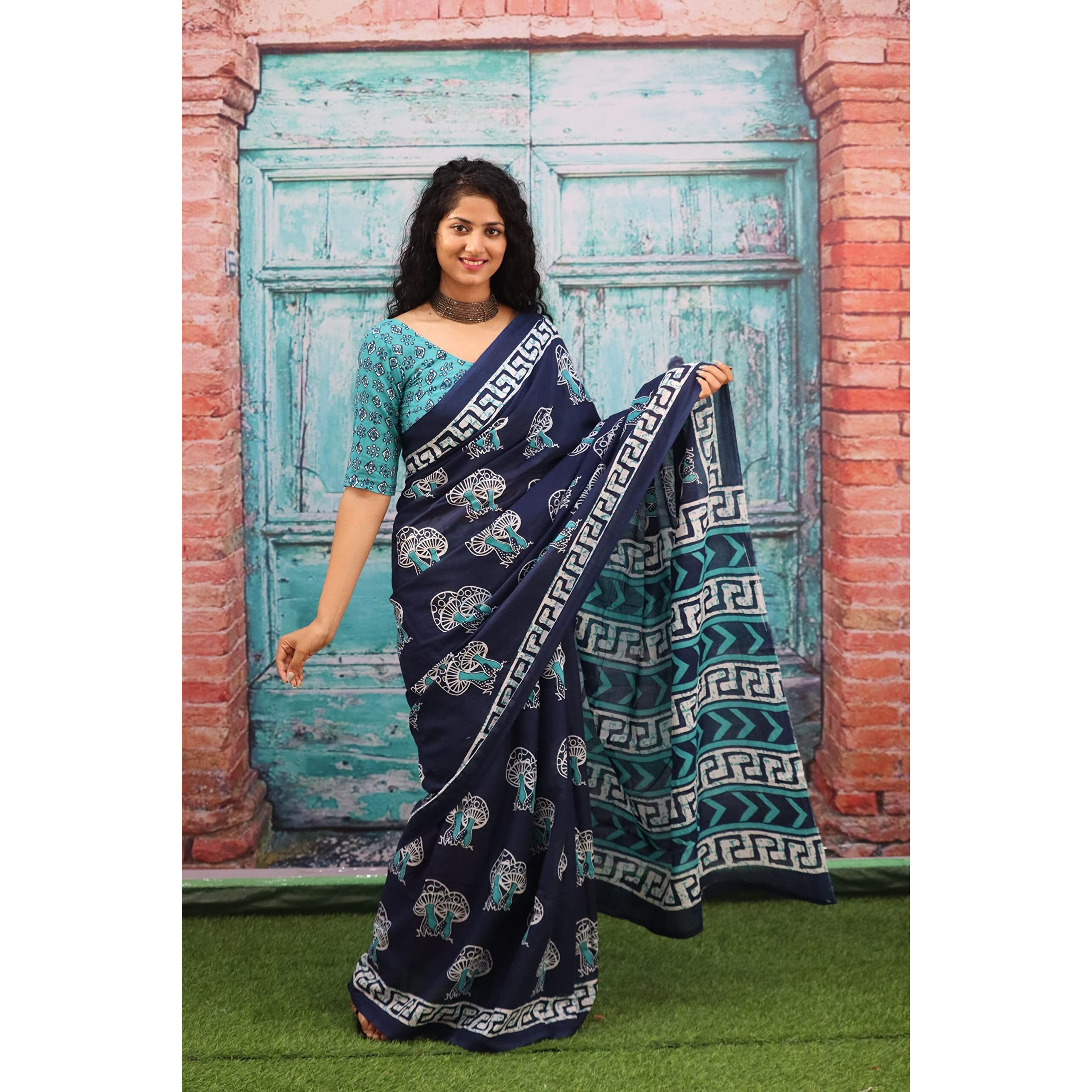 Kiaaron Handicrafts Womens Ikat Hand Block Print Jaipuri Cotton Mulmul Saree with Blouse Piece - Blue_2s