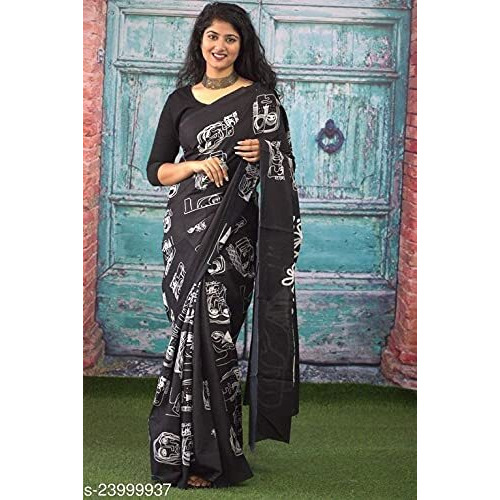 Kiaaron Womens Ikat Hand Block Print Jaipuri Cotton Mulmul Saree with Blouse Piece -Black_Kia460