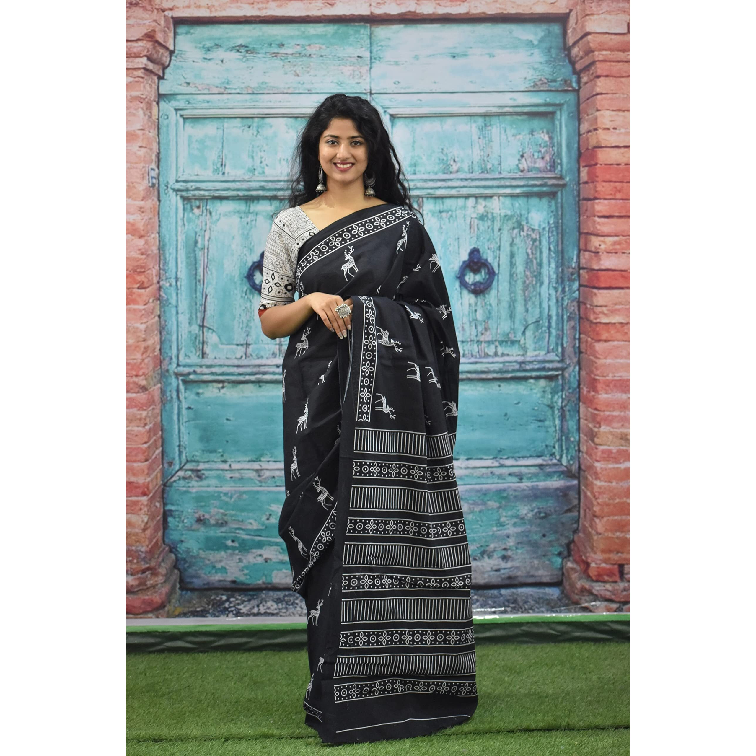 Kiaaron Womens Ikat Hand Block Print Jaipuri Cotton Mulmul Saree with Blouse Piece - Black_47