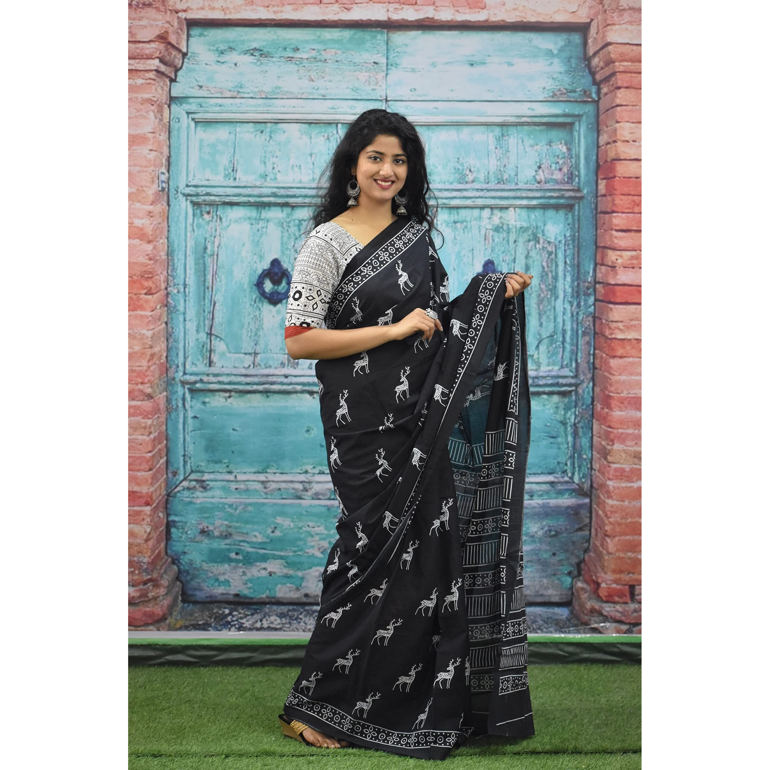 Kiaaron Womens Ikat Hand Block Print Jaipuri Cotton Mulmul Saree with Blouse Piece - Black_47