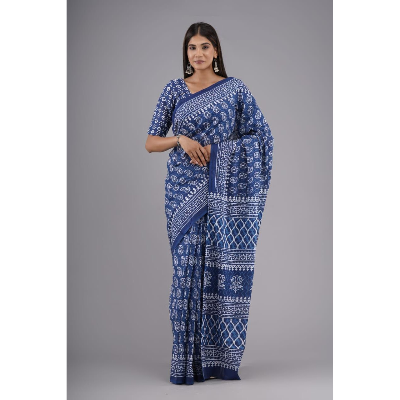 Kiaaron Handicrafts Womens Ikat Hand Block Print Jaipuri Cotton Mulmul Saree with Blouse Piece - Blue_2