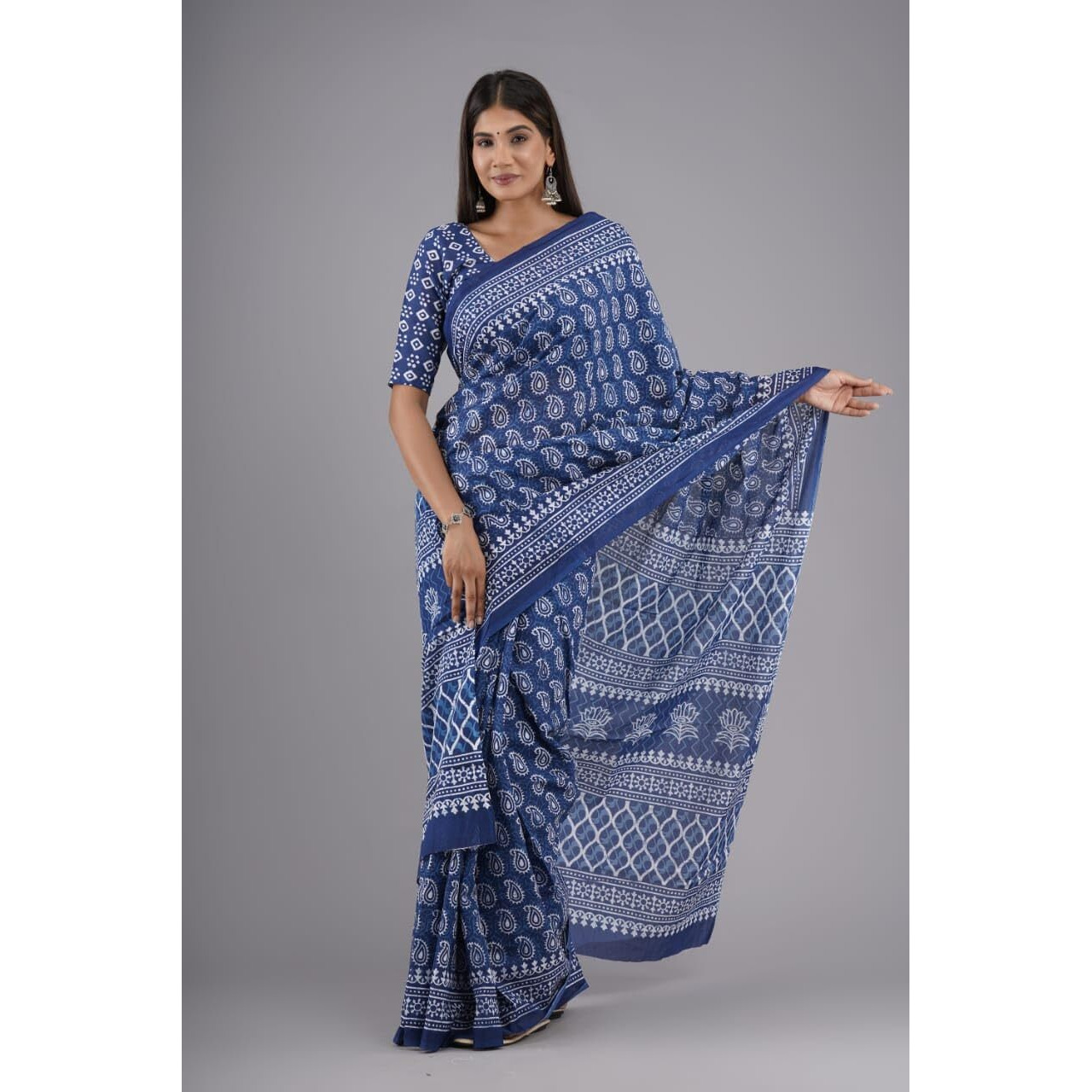 Kiaaron Handicrafts Womens Ikat Hand Block Print Jaipuri Cotton Mulmul Saree with Blouse Piece - Blue_2