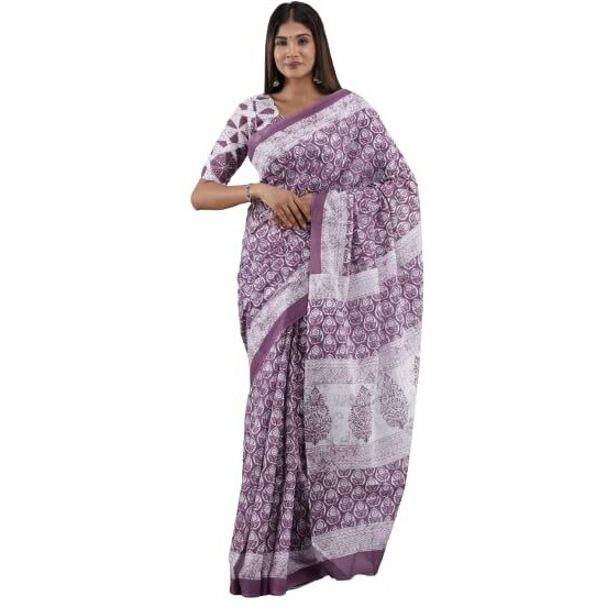 Kiaaron Handicrafts Womens Ikat Hand Block Print Jaipuri Cotton Mulmul Saree with Blouse Piece -Purple_4