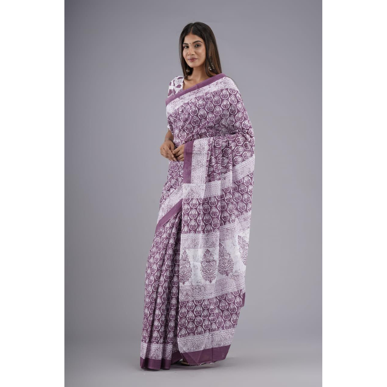 Kiaaron Handicrafts Womens Ikat Hand Block Print Jaipuri Cotton Mulmul Saree with Blouse Piece -Purple_4