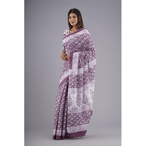 Kiaaron Handicrafts Womens Ikat Hand Block Print Jaipuri Cotton Mulmul Saree with Blouse Piece -Purple_4