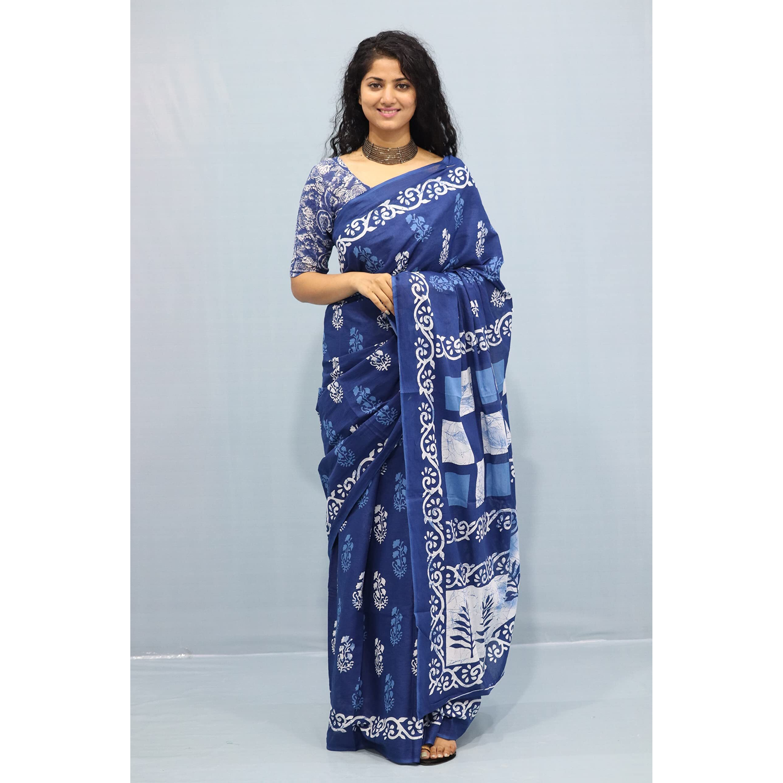 Kiaaron Handicrafts Womens Ikat Hand Block Print Jaipuri Cotton Mulmul Saree with Blouse Piece - _6