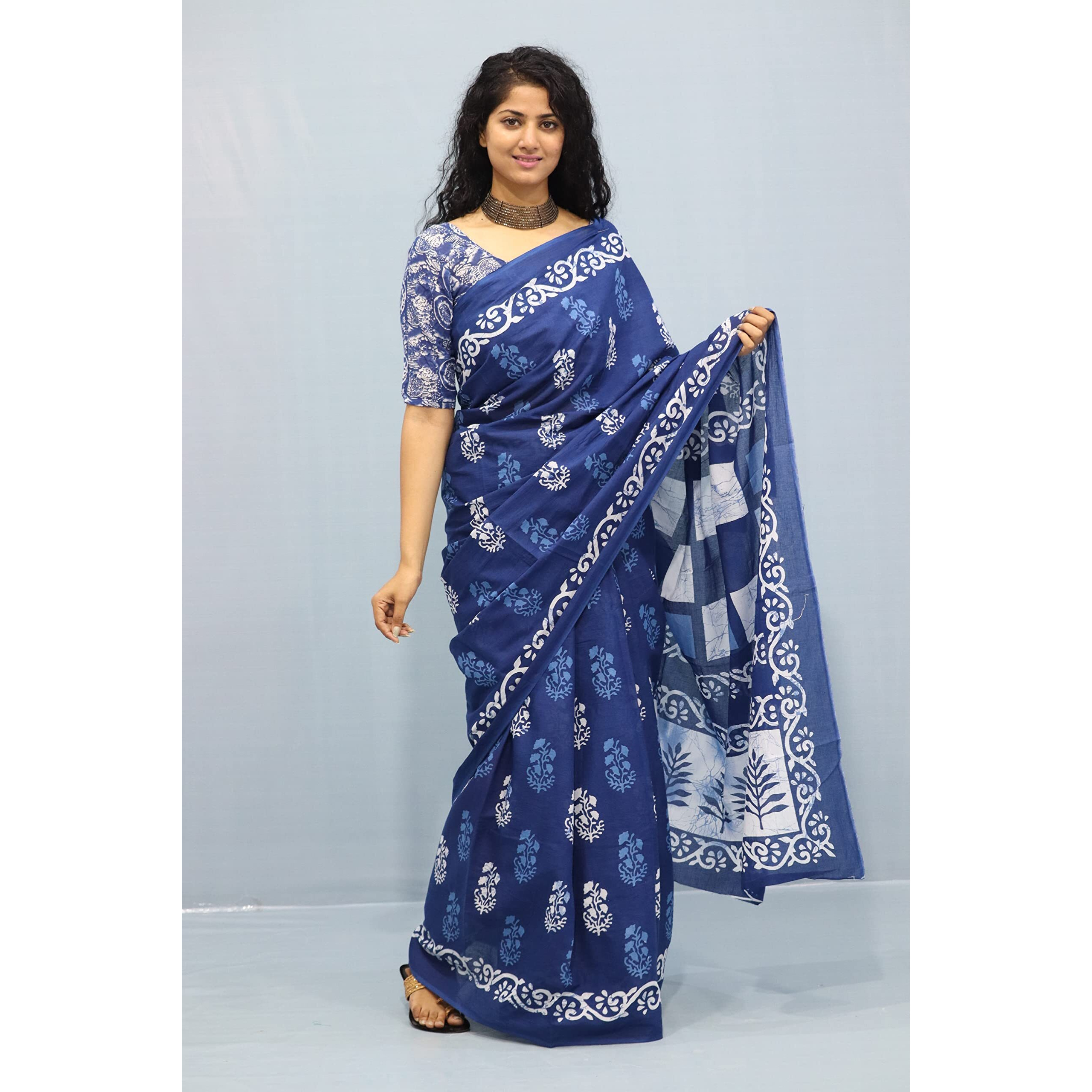 Kiaaron Handicrafts Womens Ikat Hand Block Print Jaipuri Cotton Mulmul Saree with Blouse Piece - _6