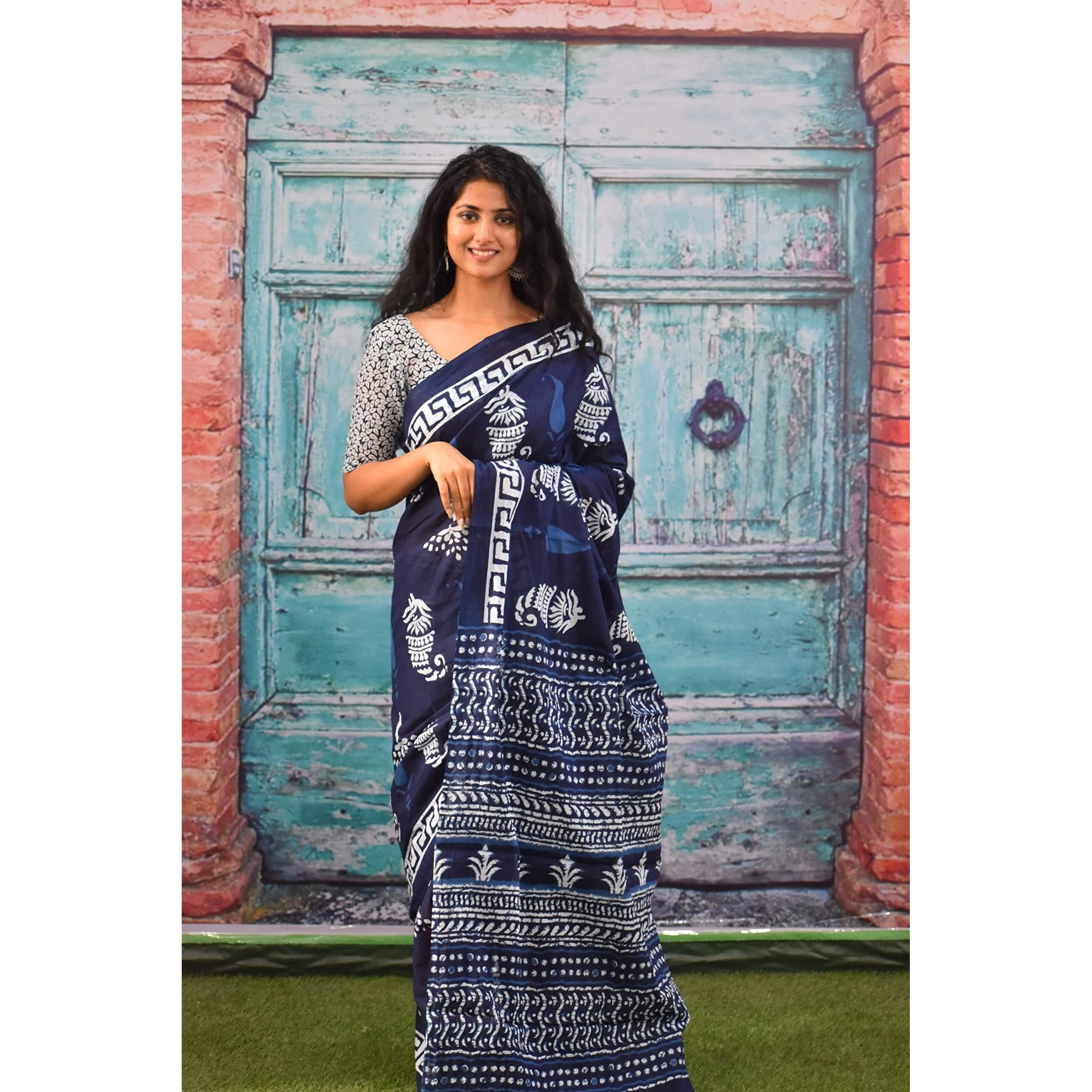 Kiaaron Womens Ikat Hand Block Print Jaipuri Cotton Mulmul Saree with Blouse Piece - Blue_48
