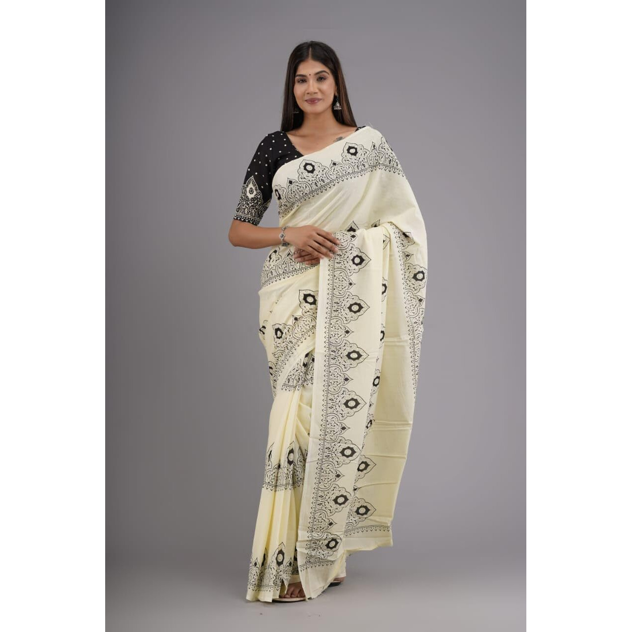 Kiaaron Handicrafts Womens Ikat Hand Block Print Jaipuri Cotton Mulmul Saree with Blouse Piece - Cream_5