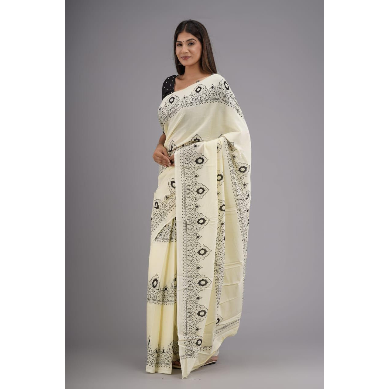 Kiaaron Handicrafts Womens Ikat Hand Block Print Jaipuri Cotton Mulmul Saree with Blouse Piece - Cream_5