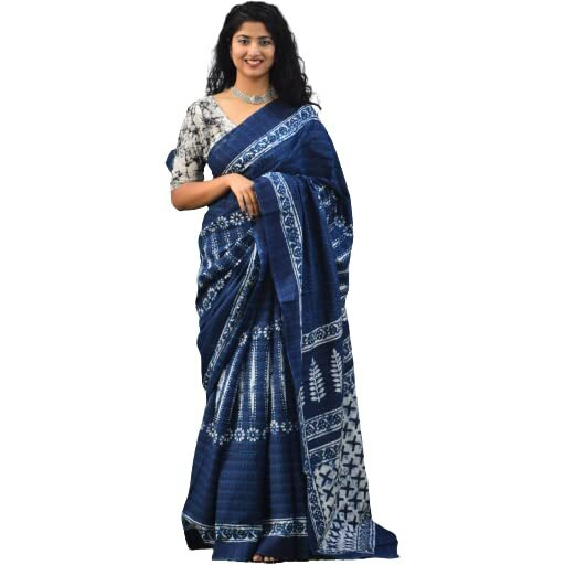 Kiaaron Womens Ikat Hand Block Print Jaipuri Cotton Mulmul Saree with Blouse Piece - Blue_43