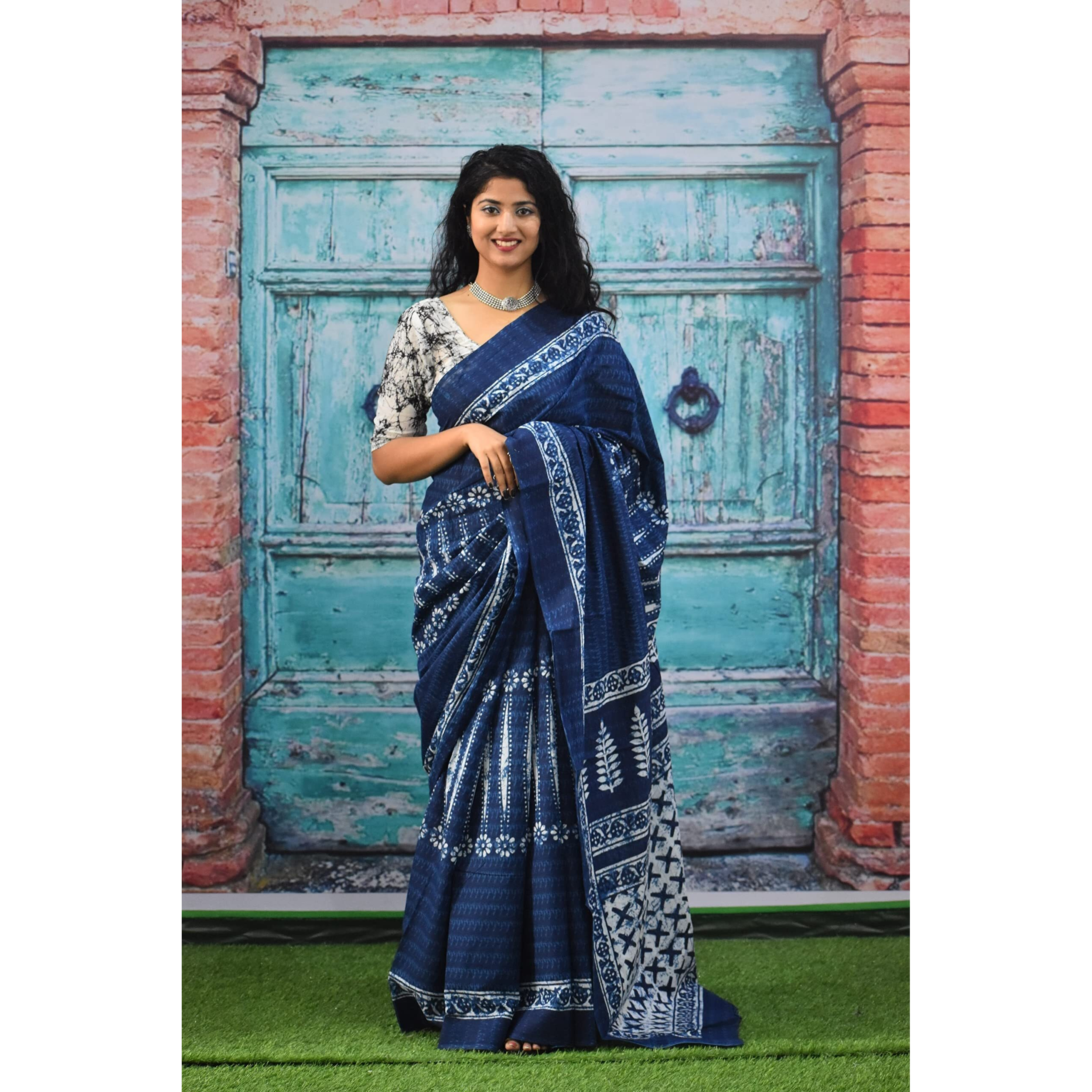 Kiaaron Womens Ikat Hand Block Print Jaipuri Cotton Mulmul Saree with Blouse Piece - Blue_43