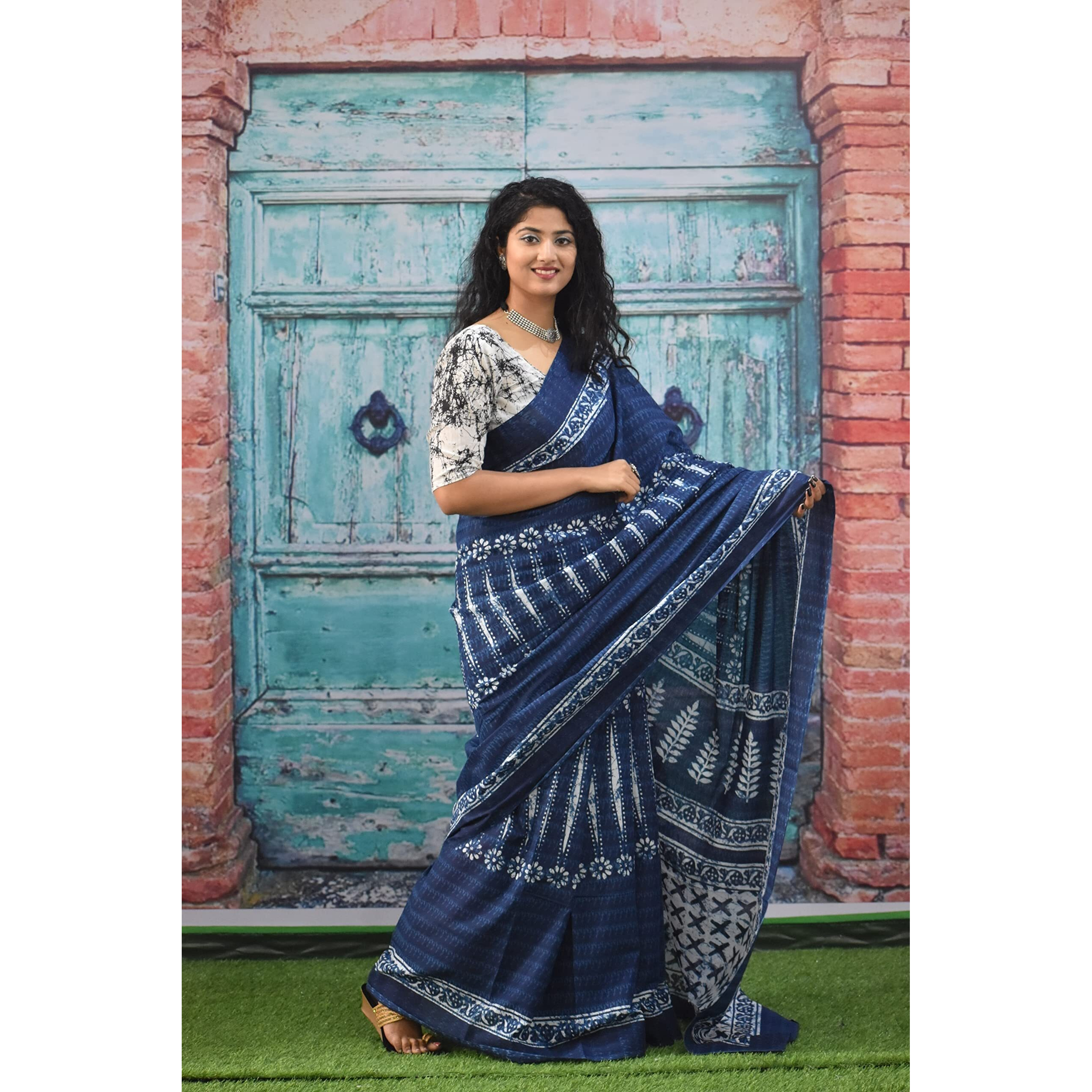 Kiaaron Womens Ikat Hand Block Print Jaipuri Cotton Mulmul Saree with Blouse Piece - Blue_43