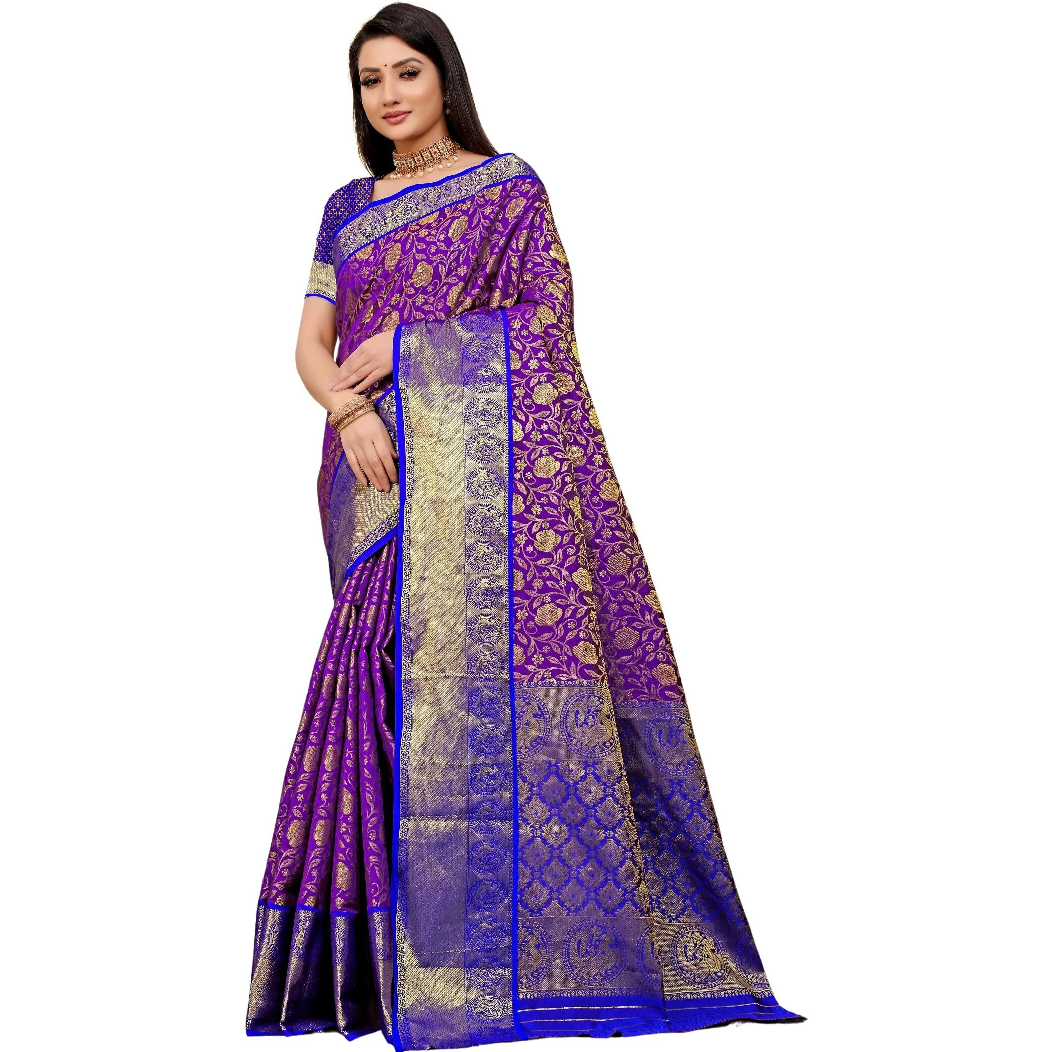 AMIRAT CLOTHING Banarsi Wedding And Designer Look Litchi Silk Saree With Unstiched Blouse Piece (Purple)
