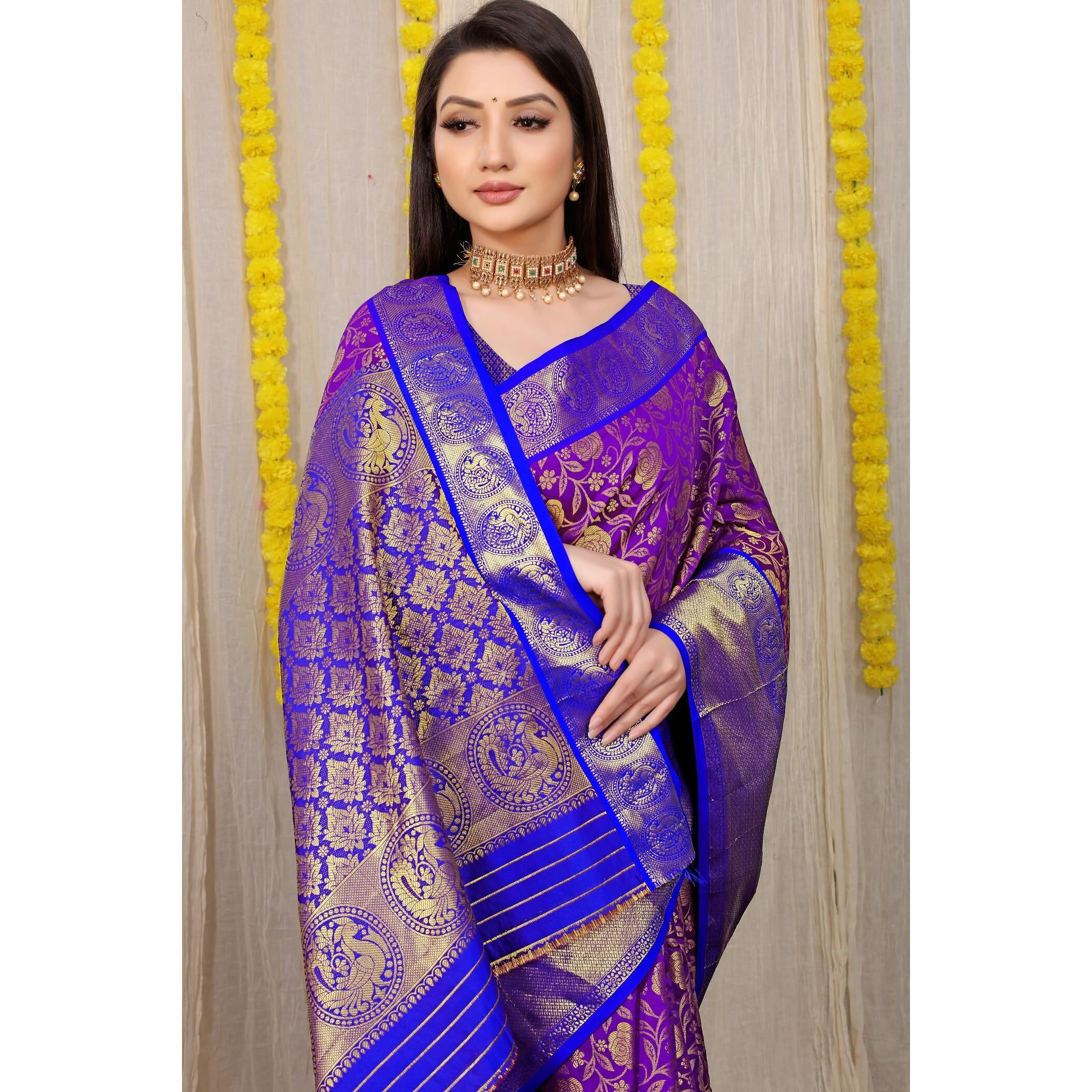 AMIRAT CLOTHING Banarsi Wedding And Designer Look Litchi Silk Saree With Unstiched Blouse Piece (Purple)