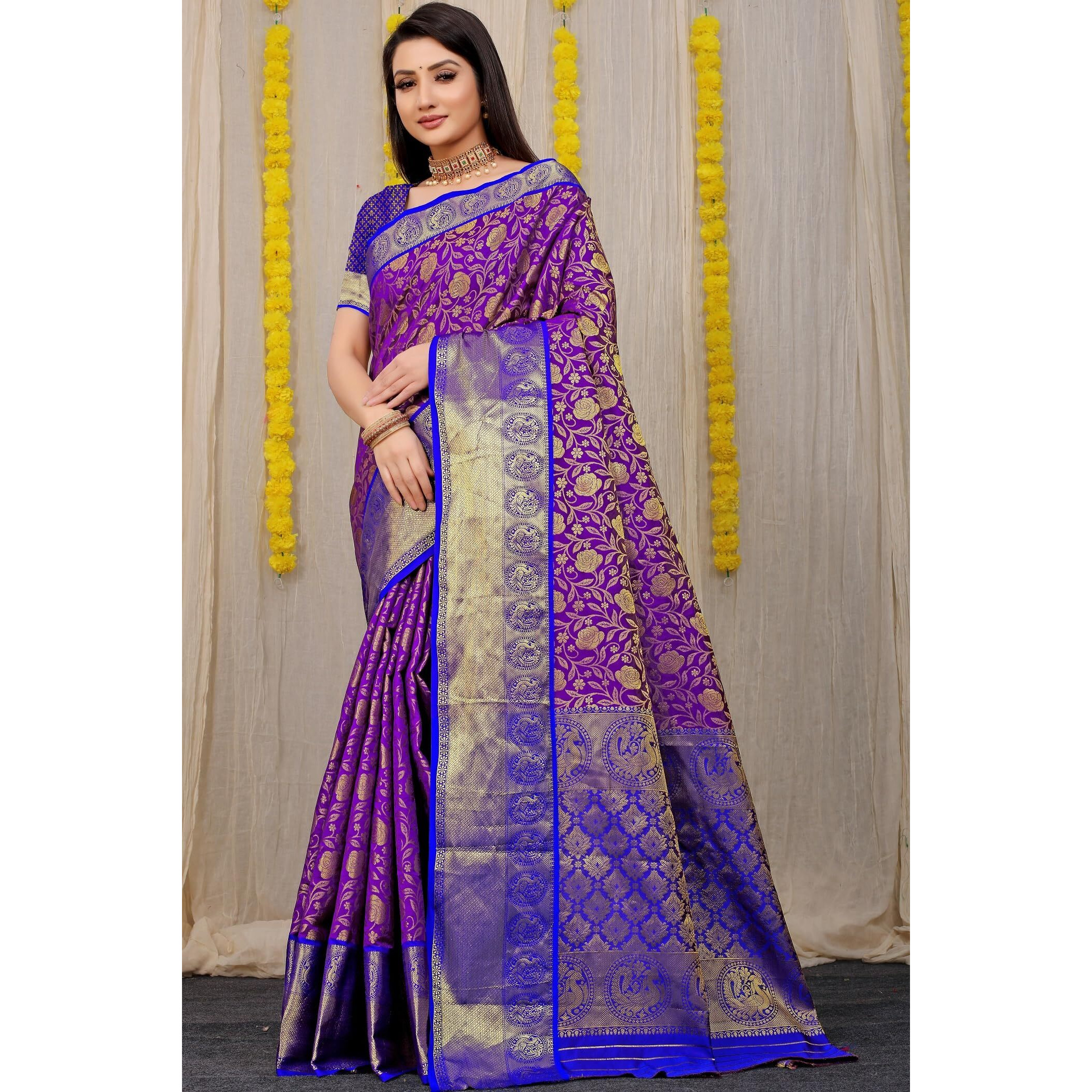 AMIRAT CLOTHING Banarsi Wedding And Designer Look Litchi Silk Saree With Unstiched Blouse Piece (Purple)