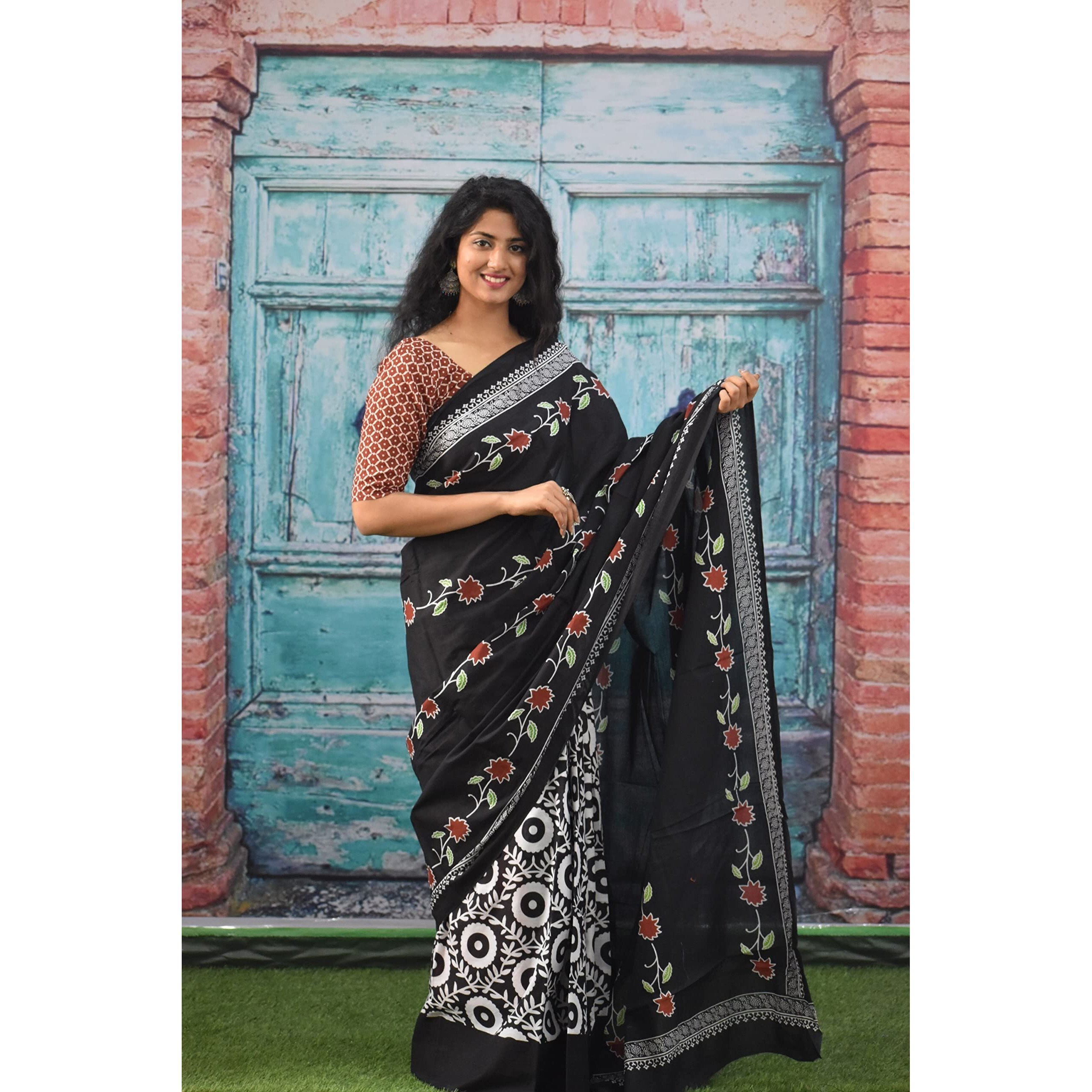 Kiaaron Womens Ikat Hand Block Print Jaipuri Cotton Mulmul Saree with Blouse Piece - Black_013