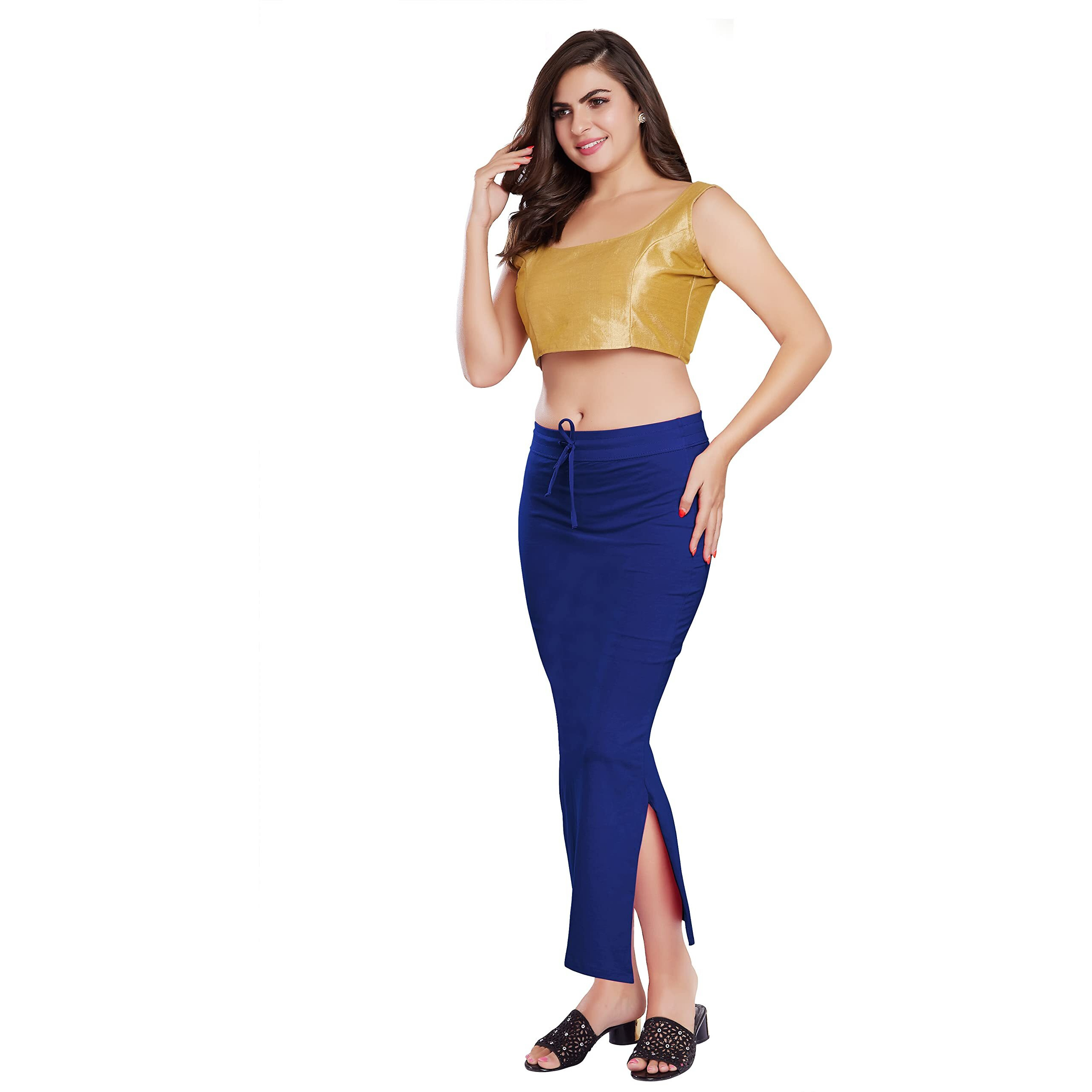 RANI SAAHIBA Womens Stretchy Slim Fishcut Petticoat Cotton Saree Shapewear(SHP6_S/M_R. Blue)