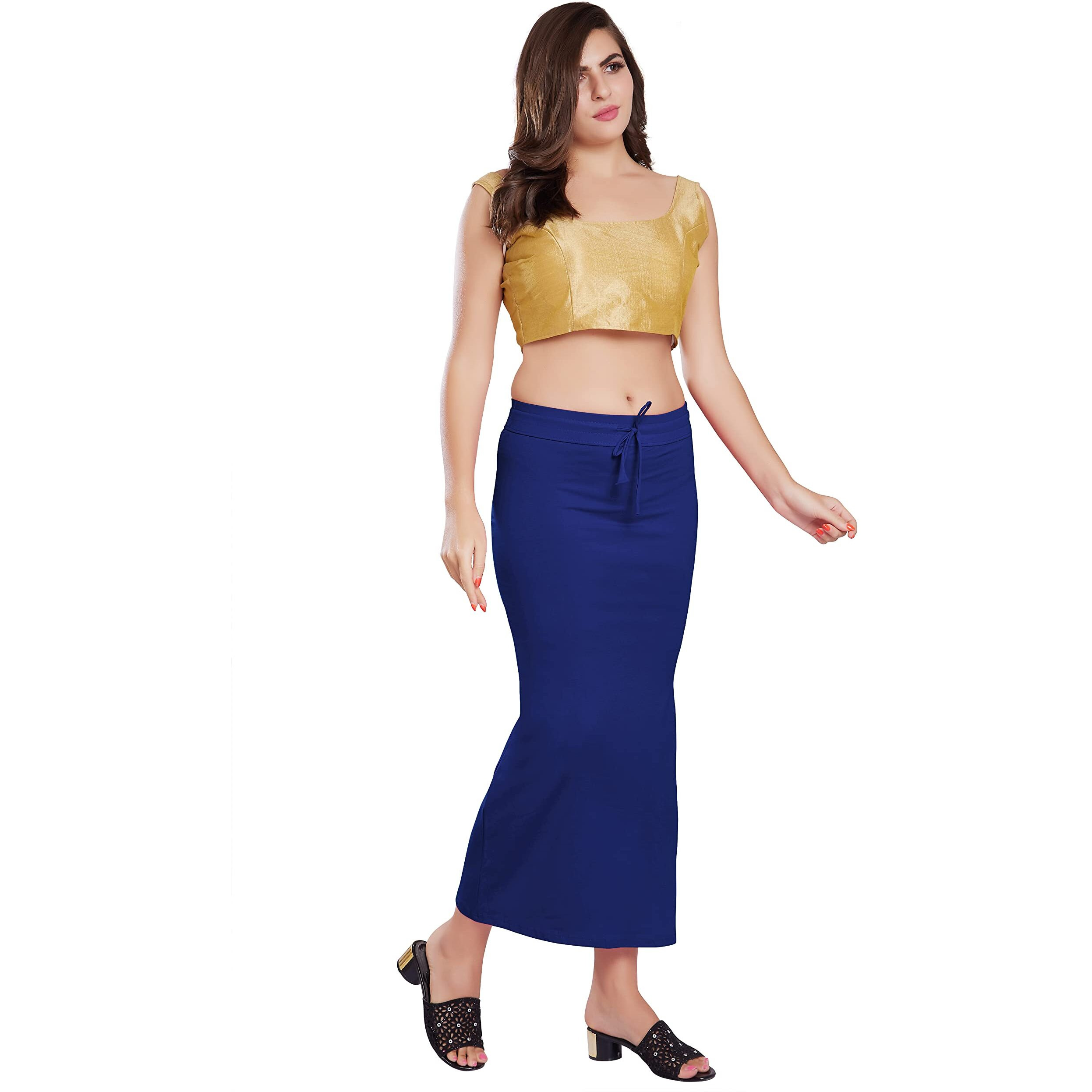 RANI SAAHIBA Womens Stretchy Slim Fishcut Petticoat Cotton Saree Shapewear(SHP6_S/M_R. Blue)