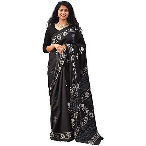 Kiaaron Womens Ikat Hand Block Print Jaipuri Cotton Mulmul Saree with Blouse Piece - Black