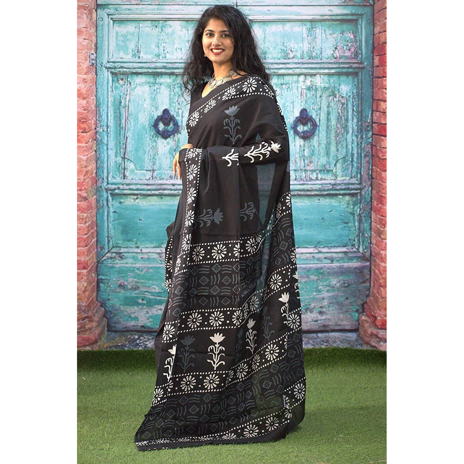 Kiaaron Womens Ikat Hand Block Print Jaipuri Cotton Mulmul Saree with Blouse Piece - Black