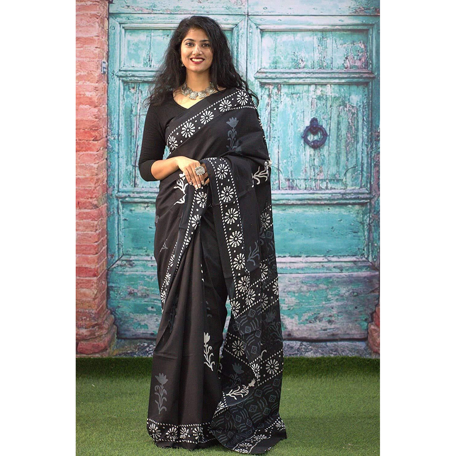 Kiaaron Womens Ikat Hand Block Print Jaipuri Cotton Mulmul Saree with Blouse Piece - Black