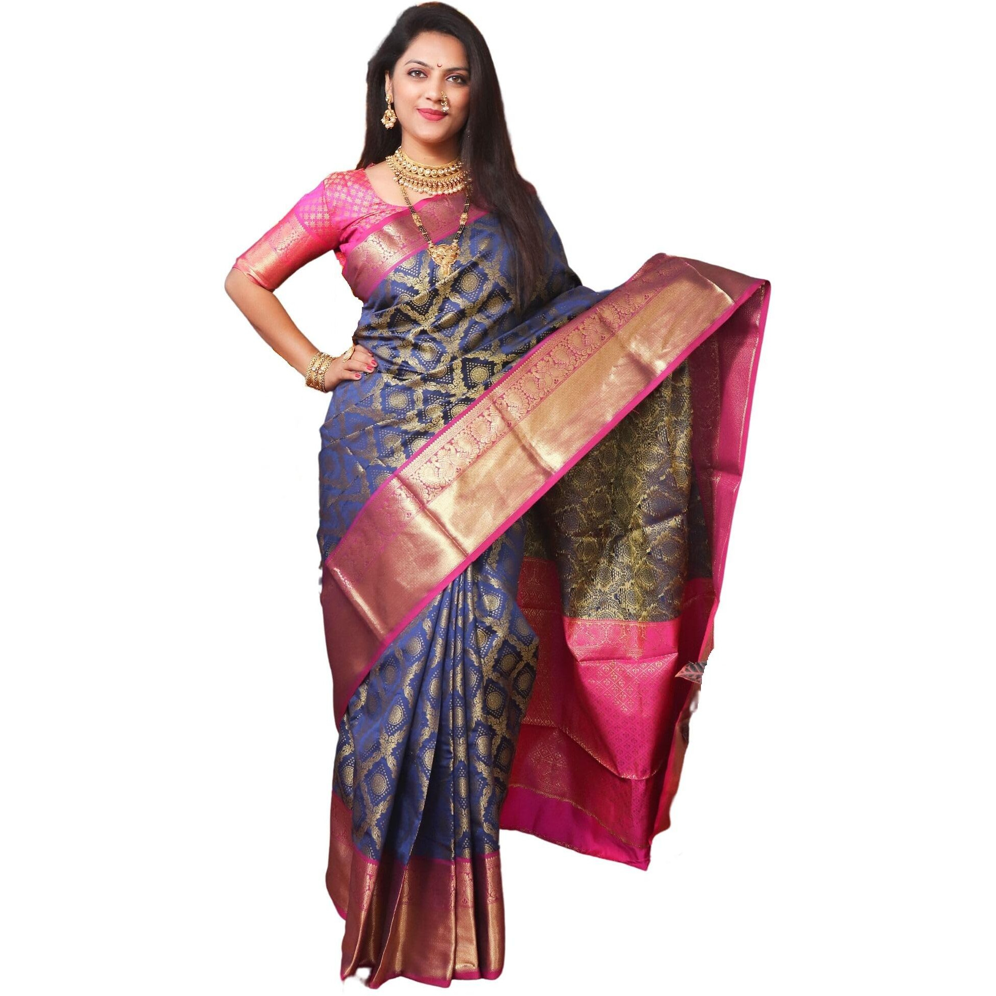 AMIRAT Clothing Womens Banarasi Wedding Designer Litchi Silk Saree With Unstiched Blouse Peice (Navy Blue)