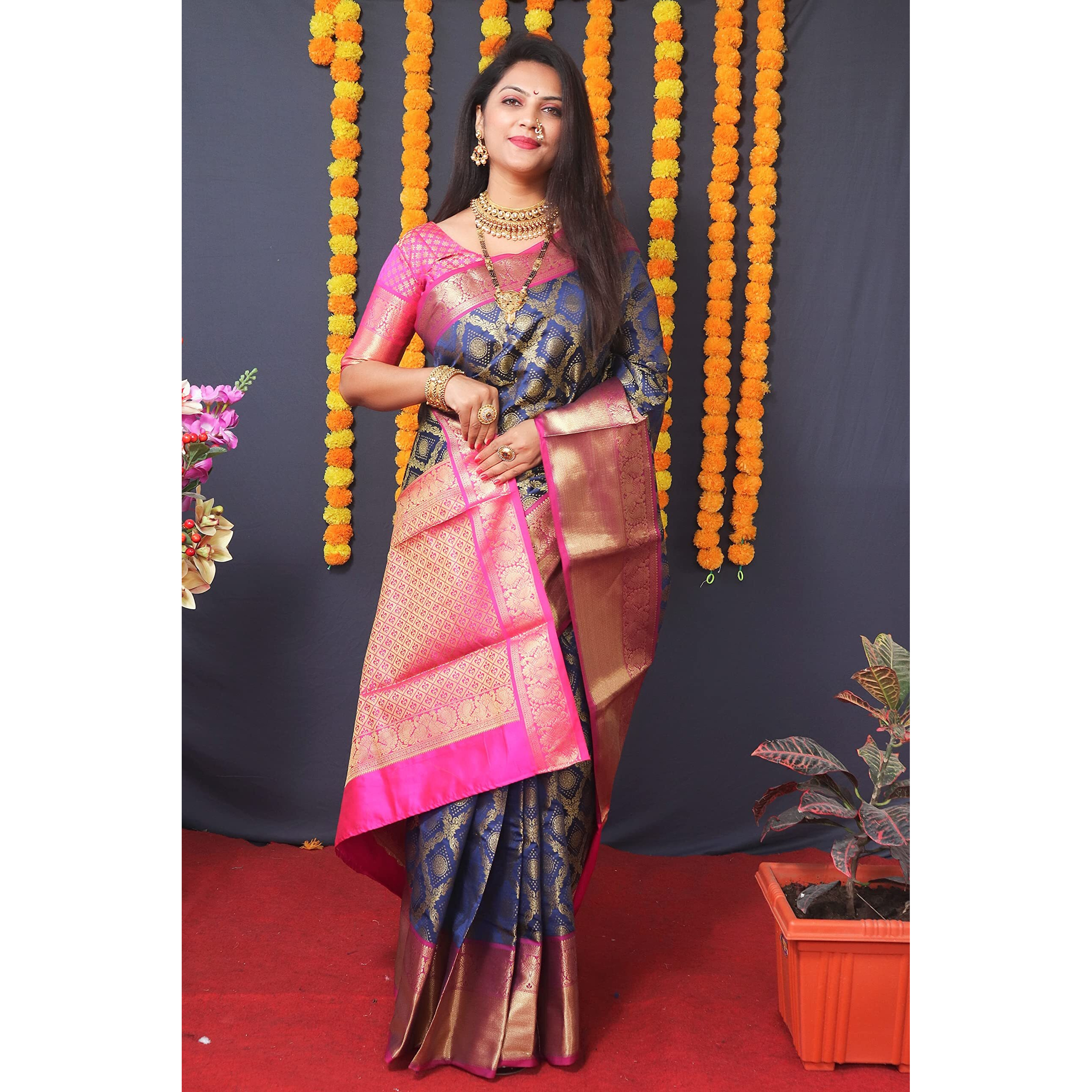 AMIRAT Clothing Womens Banarasi Wedding Designer Litchi Silk Saree With Unstiched Blouse Peice (Navy Blue)