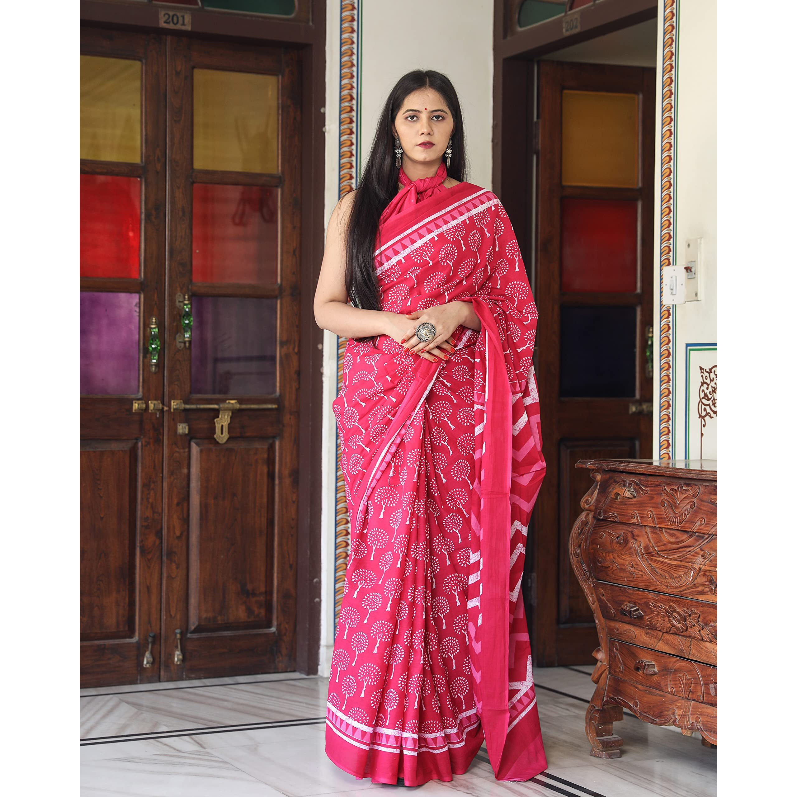 Kiaaron Womens Hand Block Kalamkari Batik Bagru Jaipuri Ikat Printed Handloom Pure Cotton Mulmul Traditional Ethnic Cotton Sarees With Printed Blouse Piece - Pink