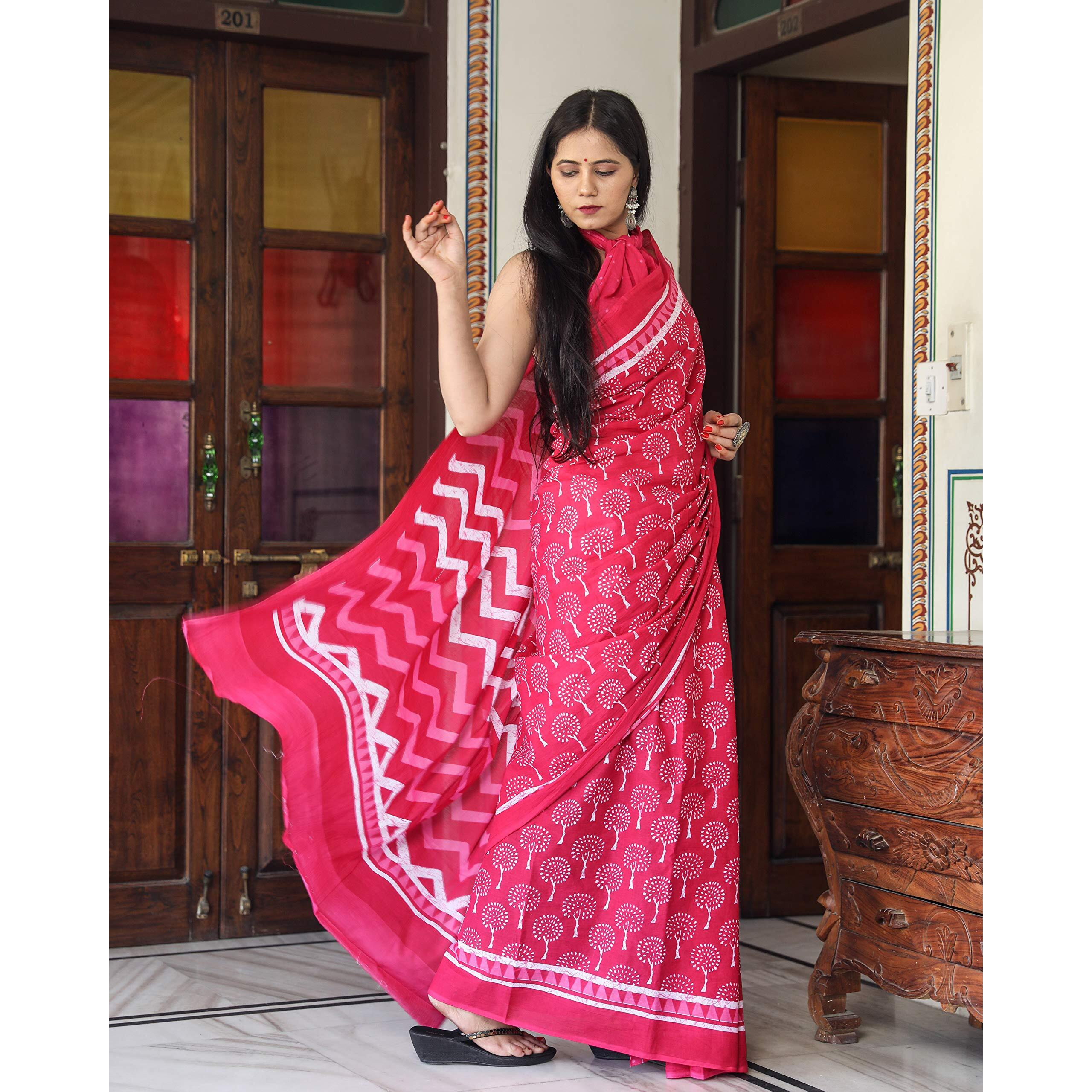 Kiaaron Womens Hand Block Kalamkari Batik Bagru Jaipuri Ikat Printed Handloom Pure Cotton Mulmul Traditional Ethnic Cotton Sarees With Printed Blouse Piece - Pink
