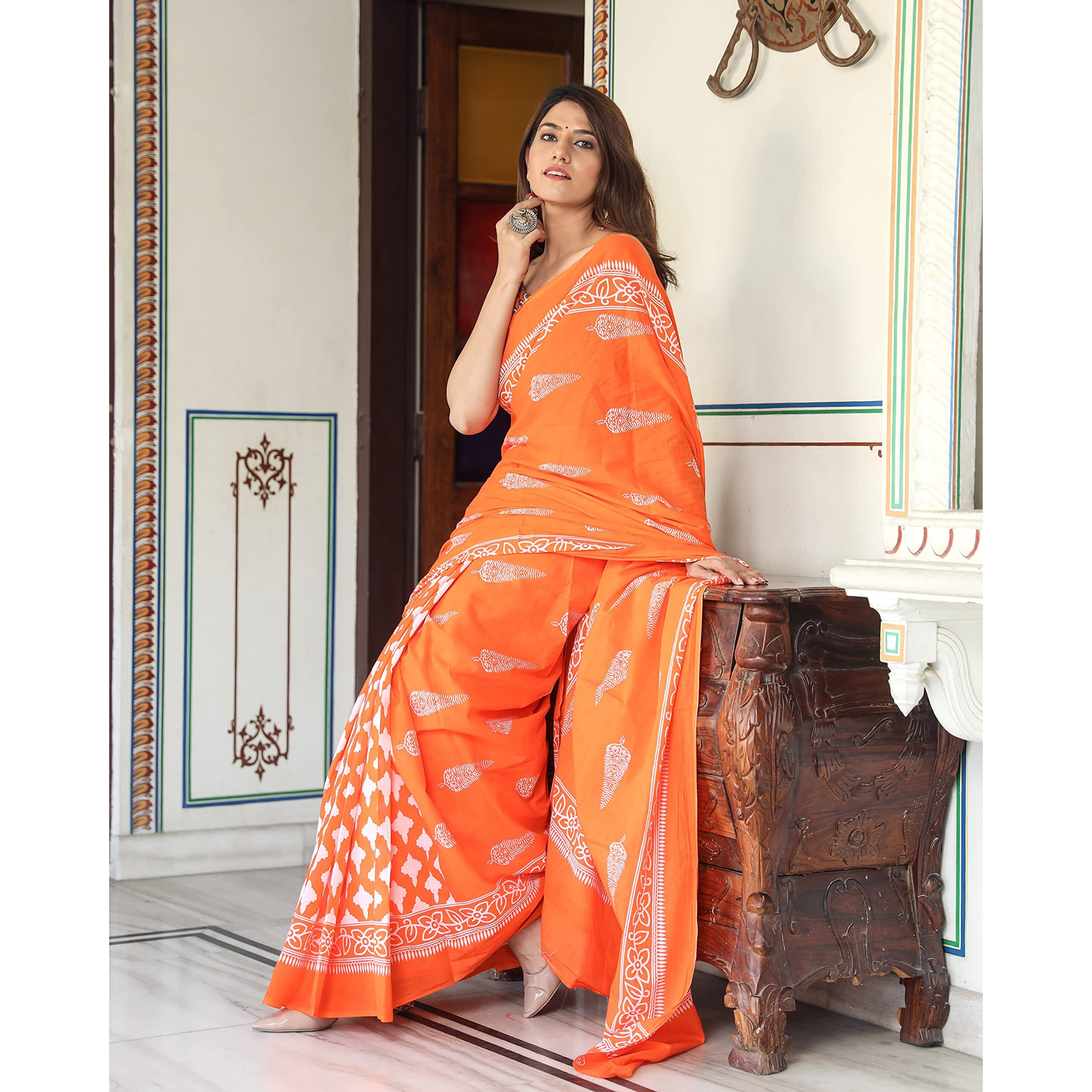 Kiaaron Womens Hand Block Kalamkari Batik Bagru Jaipuri Ikat Printed Handloom Pure Cotton Mulmul Traditional Ethnic Cotton Sarees With Printed Blouse Piece - Orange