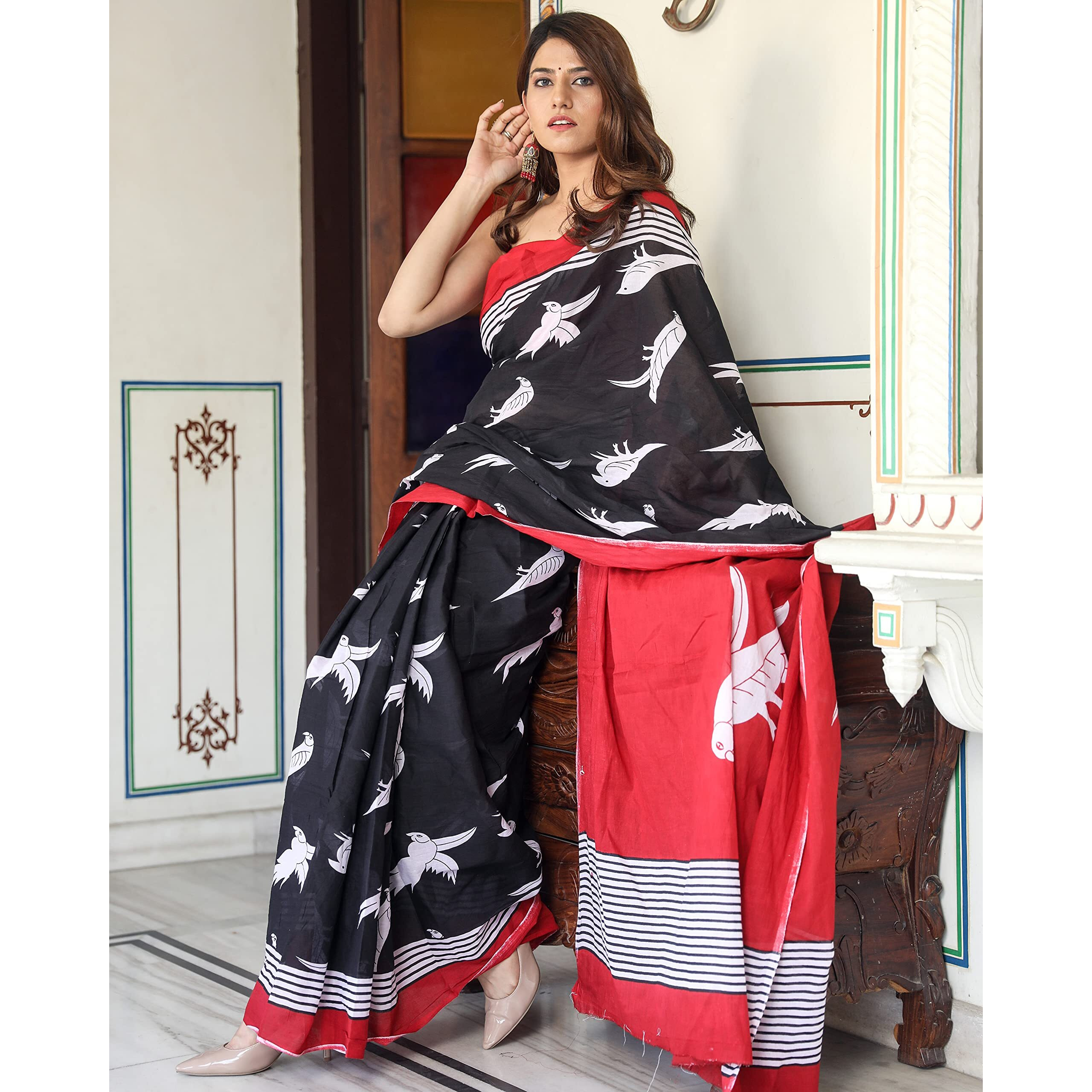Kiaaron Womens Hand Block Kalamkari Batik Bagru Jaipuri Ikat Printed Handloom Pure Cotton Mulmul Traditional Ethnic Cotton Sarees With Printed Blouse Piece - Black
