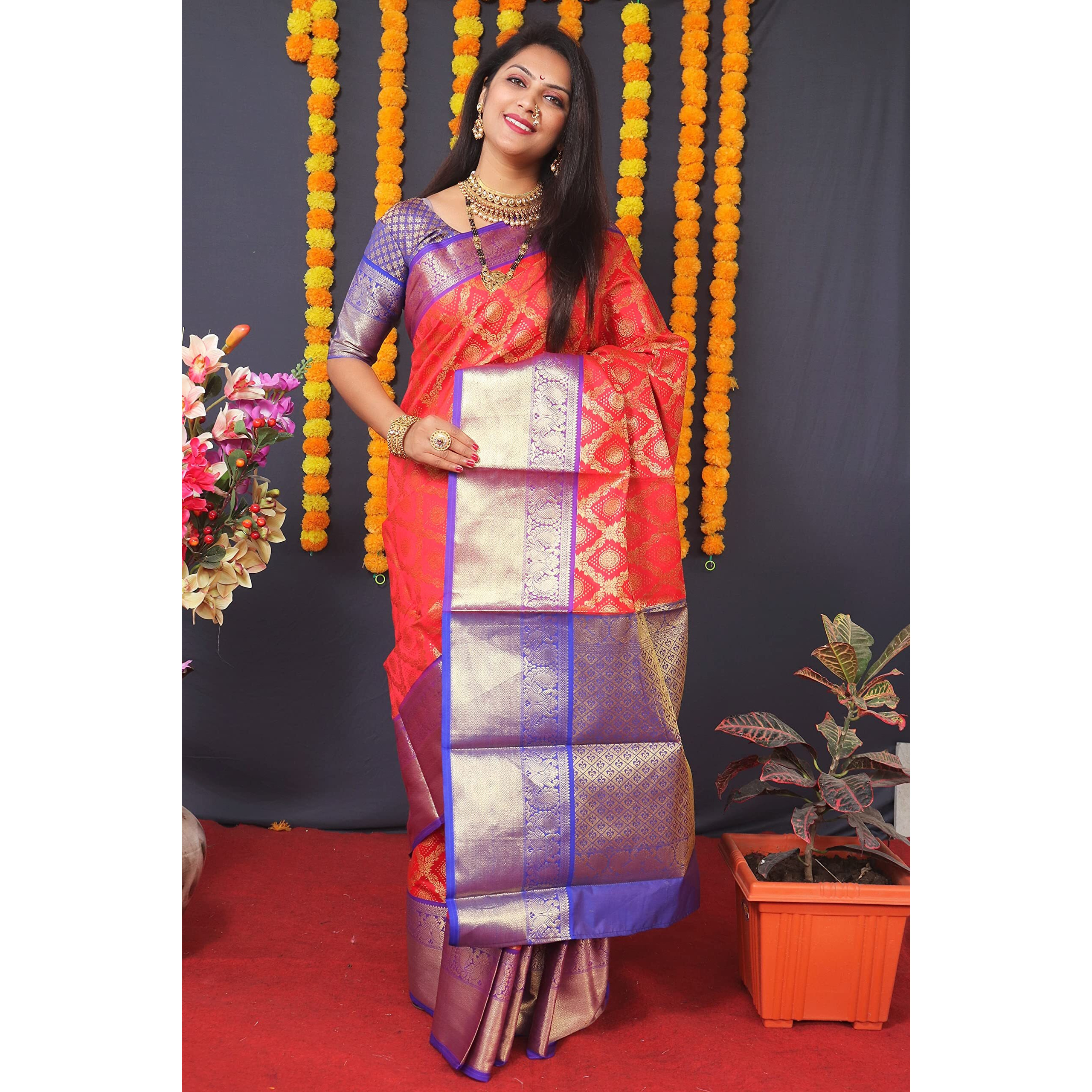 AMIRAT Clothing Womens Banarasi Wedding Designer Litchi Silk Saree With Unstiched Blouse Peice (Red)
