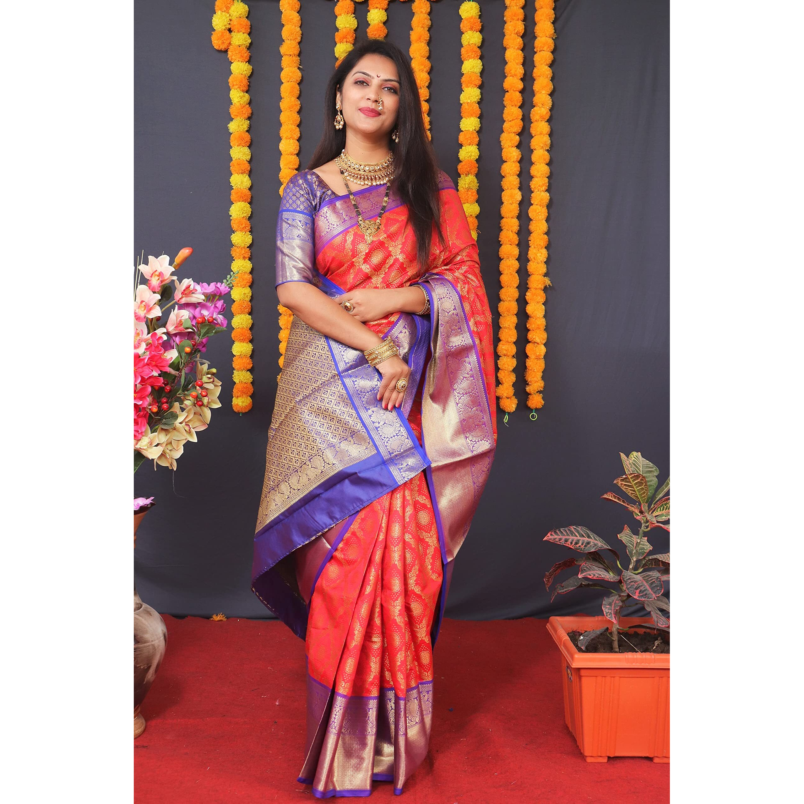 AMIRAT Clothing Womens Banarasi Wedding Designer Litchi Silk Saree With Unstiched Blouse Peice (Red)