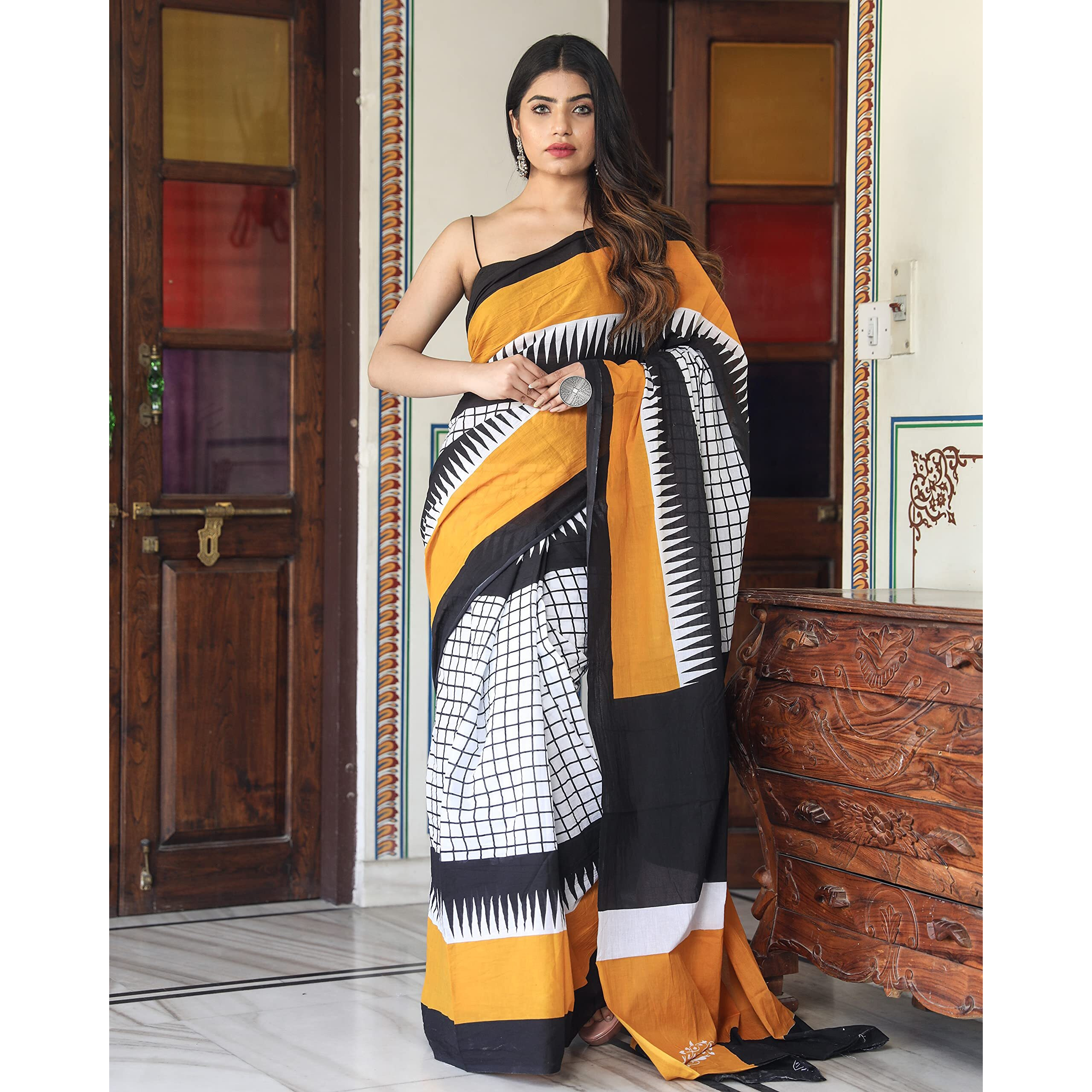 Kiaaron Womens Hand Block Kalamkari Batik Bagru Jaipuri Ikat Printed Handloom Pure Cotton Mulmul Traditional Ethnic Cotton Sarees With Printed Blouse Piece - White