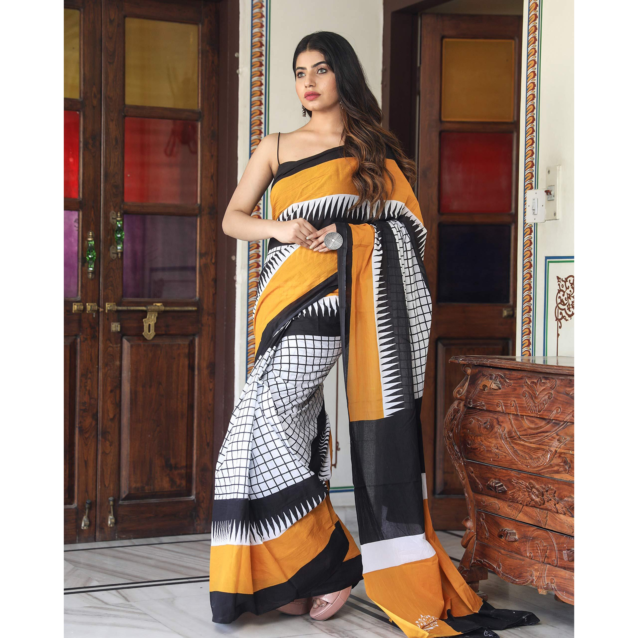 Kiaaron Womens Hand Block Kalamkari Batik Bagru Jaipuri Ikat Printed Handloom Pure Cotton Mulmul Traditional Ethnic Cotton Sarees With Printed Blouse Piece - White