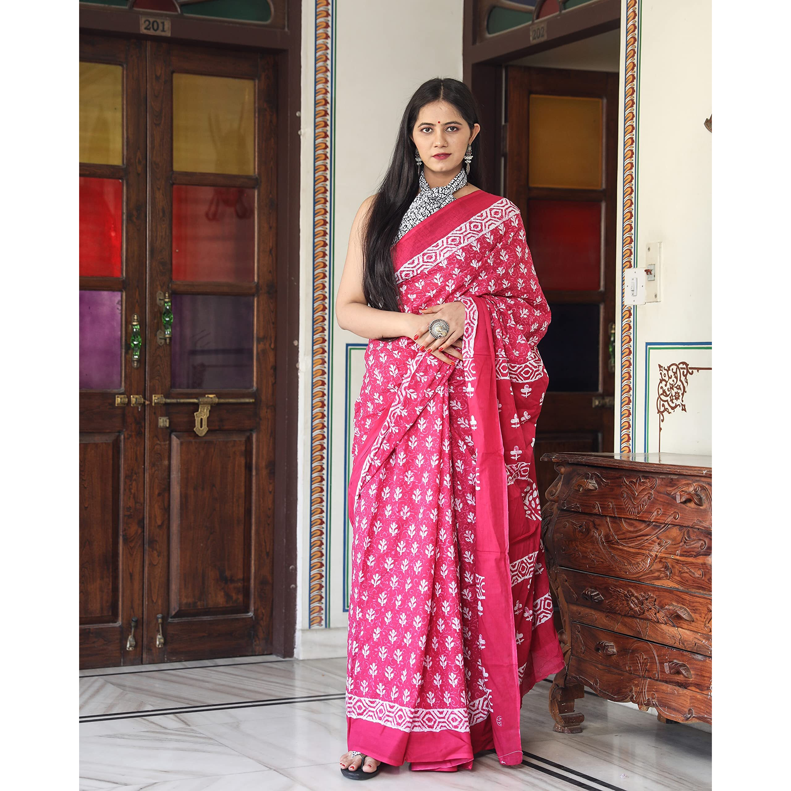 Kiaaron Womens Hand Block Kalamkari Batik Bagru Jaipuri Ikat Printed Handloom Pure Cotton Mulmul Traditional Ethnic Cotton Sarees With Printed Blouse Piece - Pink