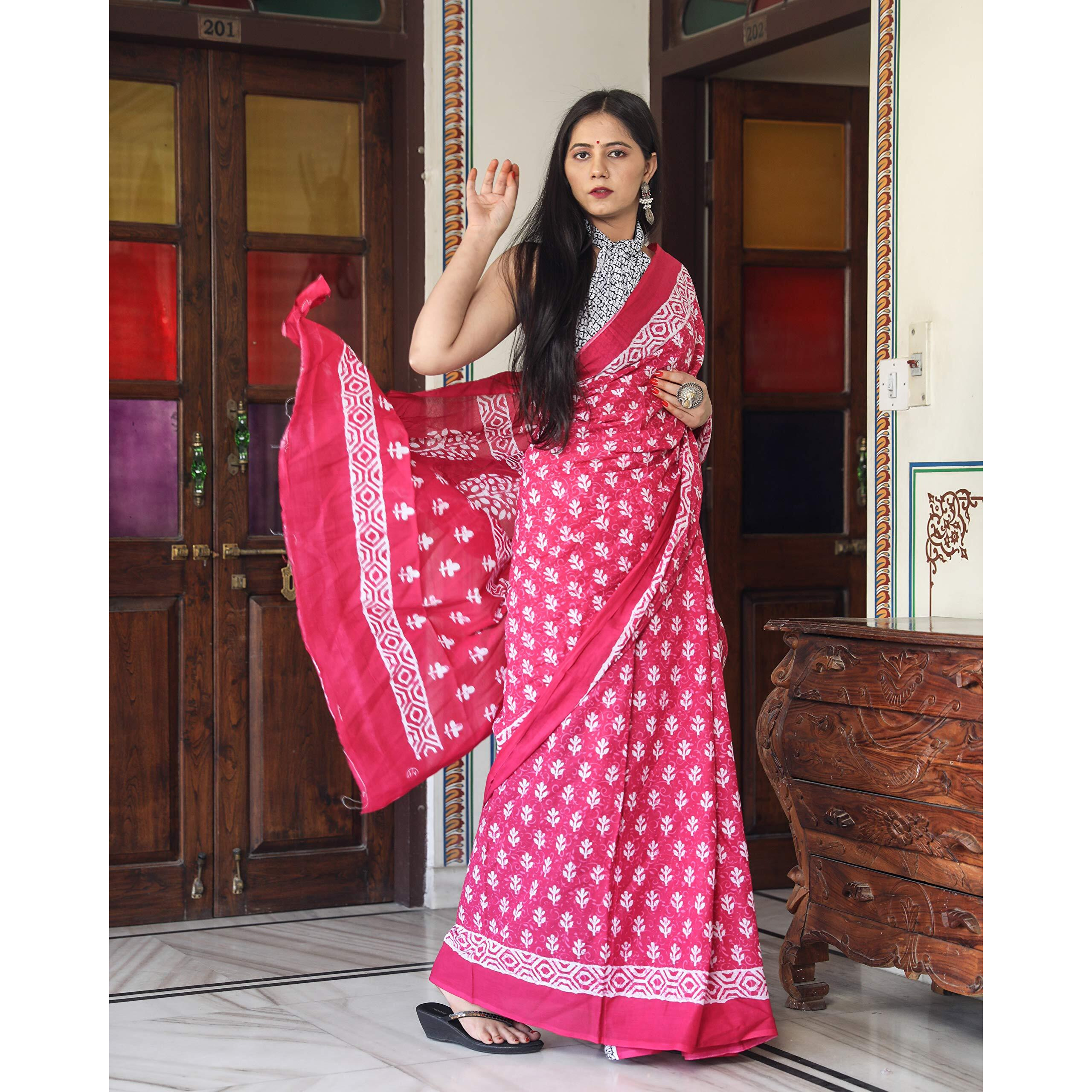 Kiaaron Womens Hand Block Kalamkari Batik Bagru Jaipuri Ikat Printed Handloom Pure Cotton Mulmul Traditional Ethnic Cotton Sarees With Printed Blouse Piece - Pink