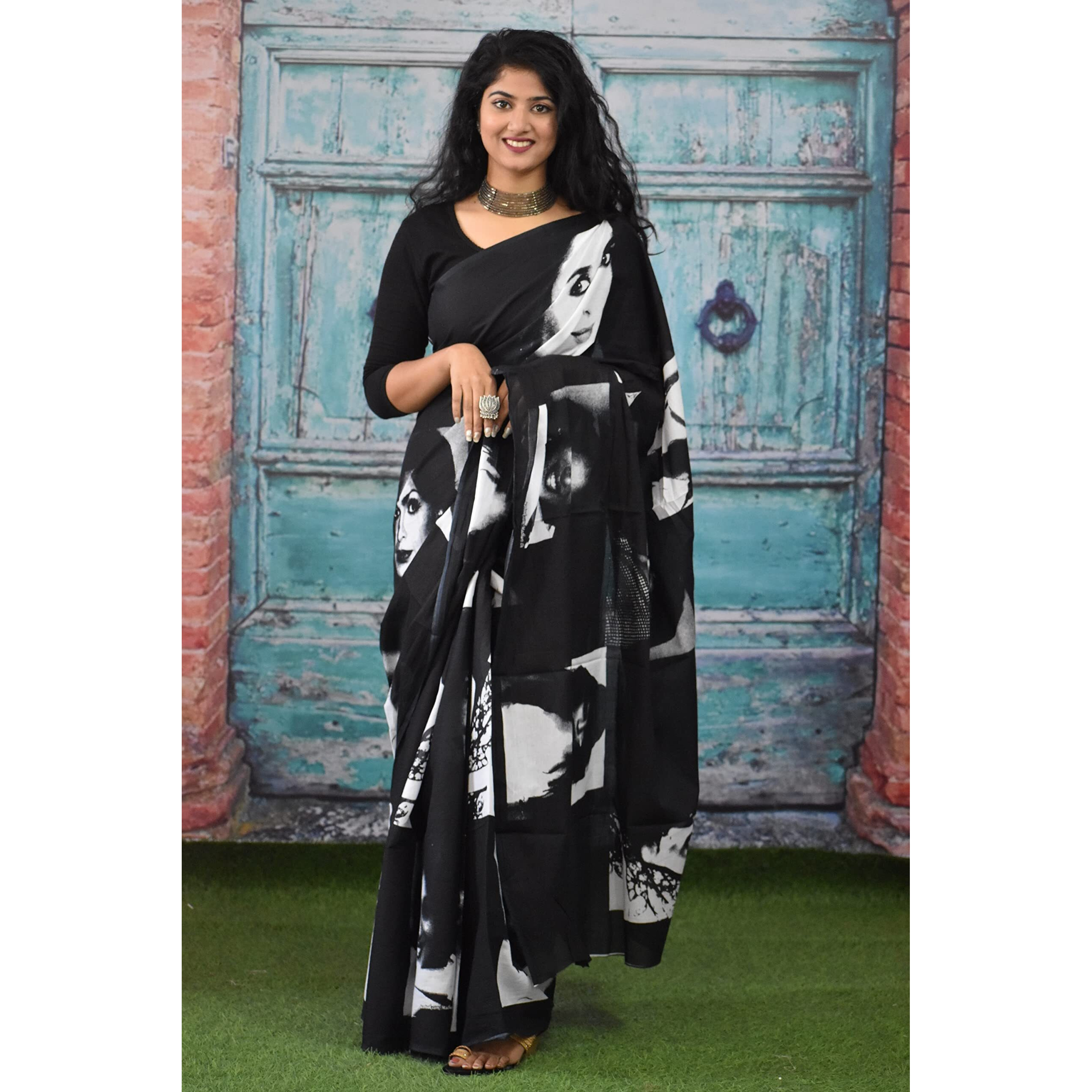 Kiaaron Womens Ikat Hand Block Print Jaipuri Cotton Mulmul Saree with Blouse Piece - Black_299
