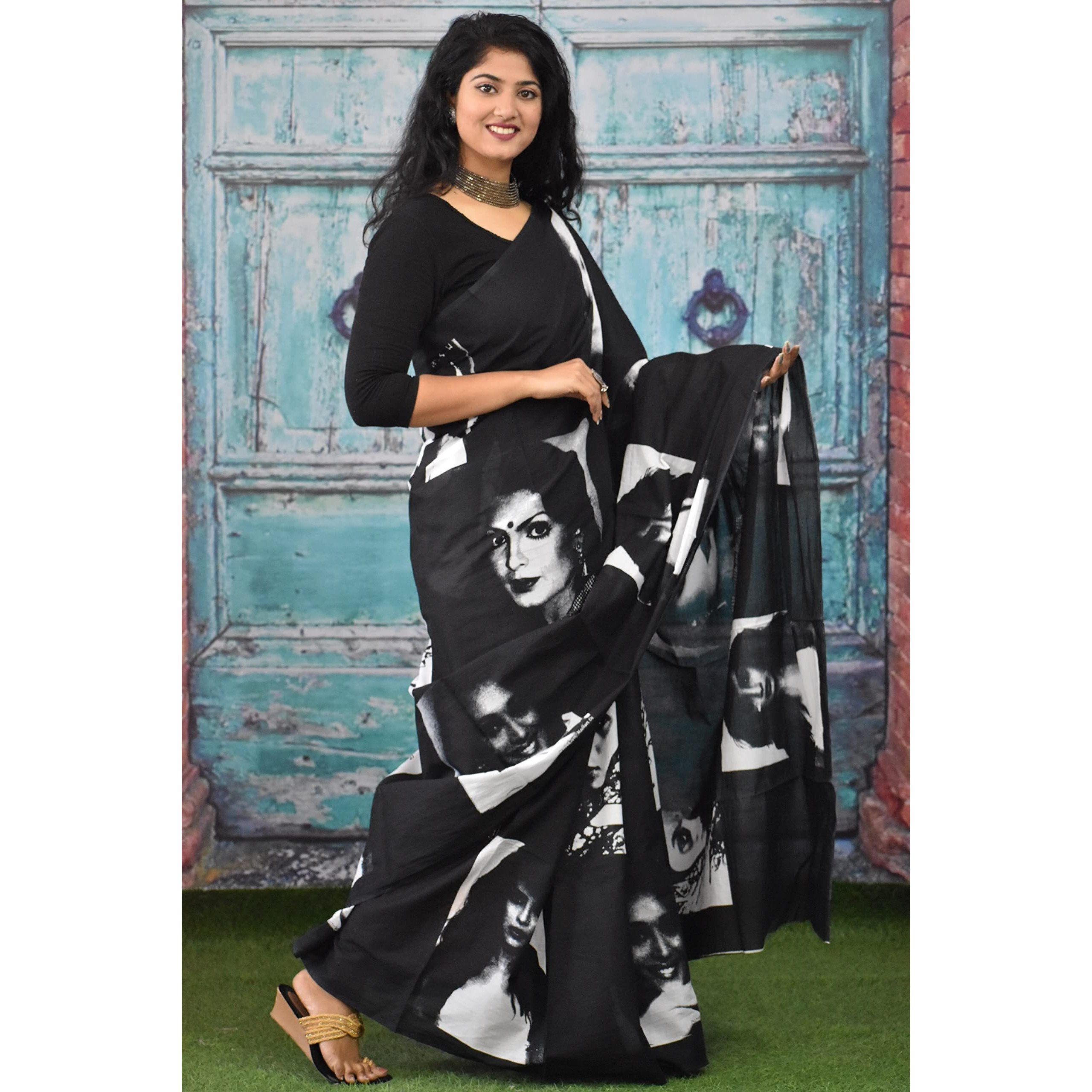 Kiaaron Womens Ikat Hand Block Print Jaipuri Cotton Mulmul Saree with Blouse Piece - Black_299