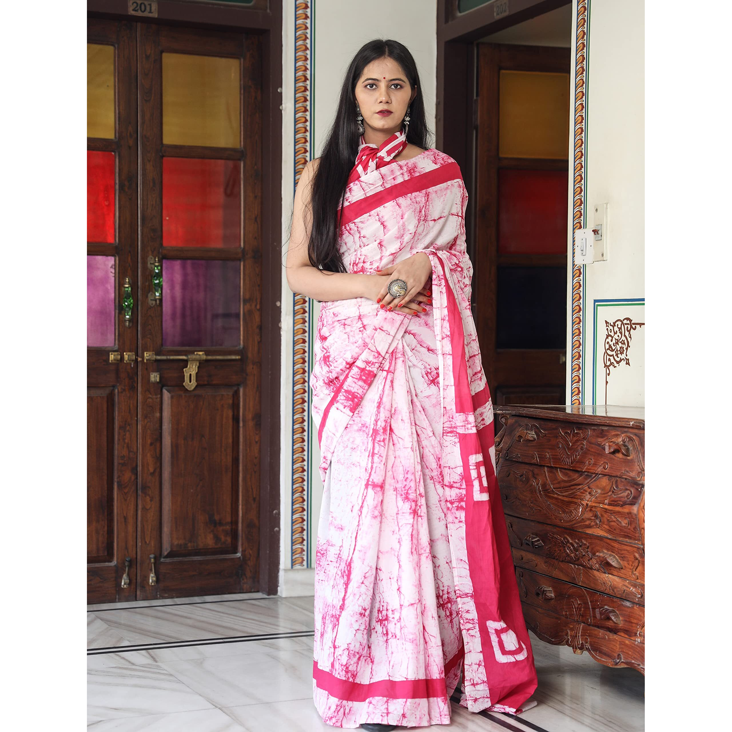 Kiaaron Womens Hand Block Kalamkari Batik Bagru Jaipuri Ikat Printed Handloom Pure Cotton Mulmul Traditional Ethnic Cotton Sarees With Printed Blouse Piece - Pink