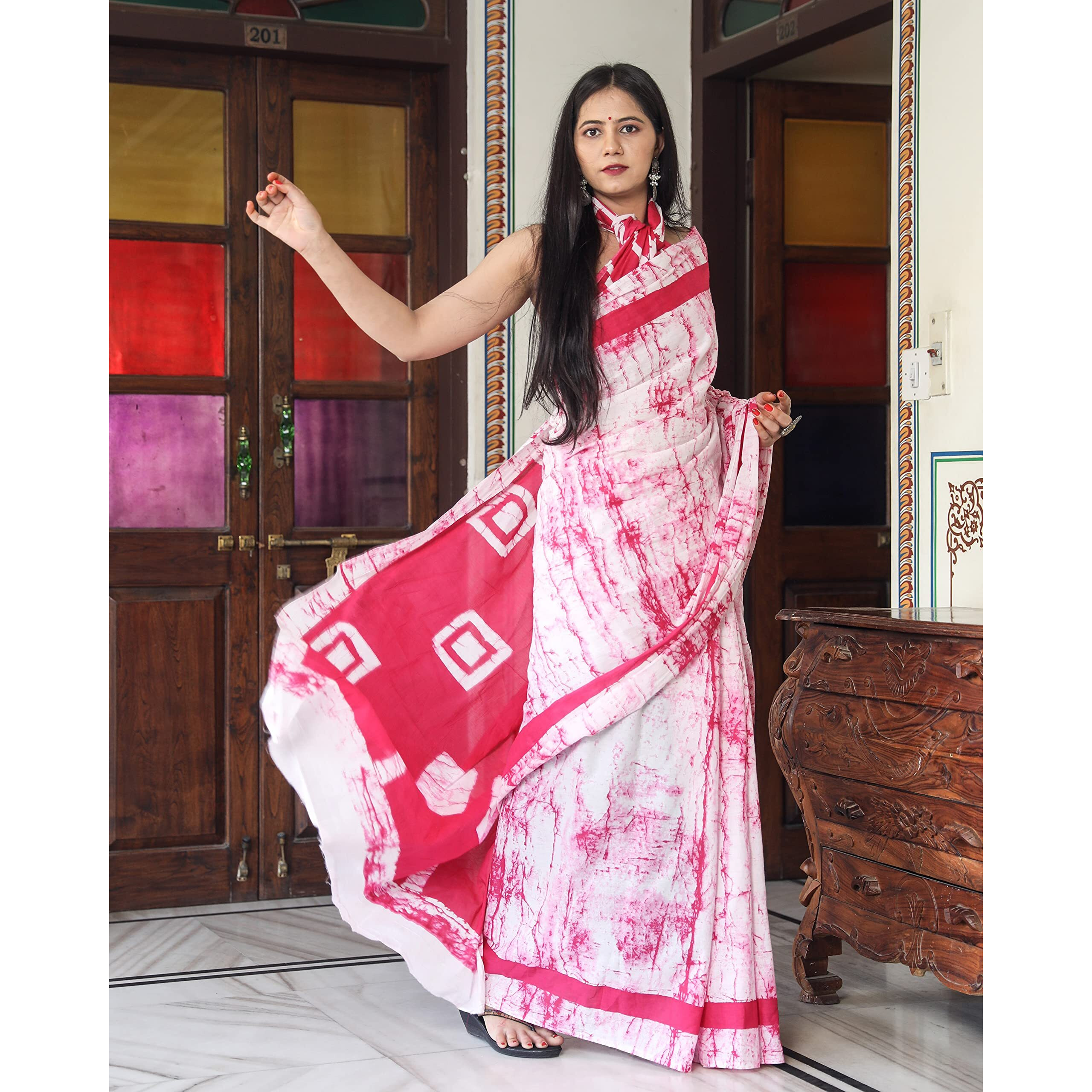 Kiaaron Womens Hand Block Kalamkari Batik Bagru Jaipuri Ikat Printed Handloom Pure Cotton Mulmul Traditional Ethnic Cotton Sarees With Printed Blouse Piece - Pink