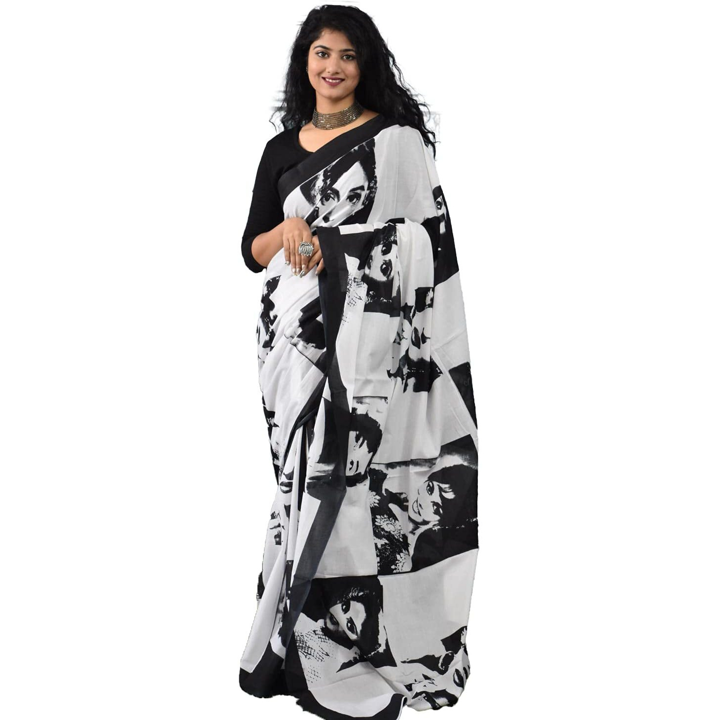 Kiaaron Womens Hand Block Kalamkari Batik Bagru Jaipuri Ikat Printed Handloom Pure Cotton Mulmul Traditional Ethnic Cotton Sarees With Printed Blouse Piece - Black_White