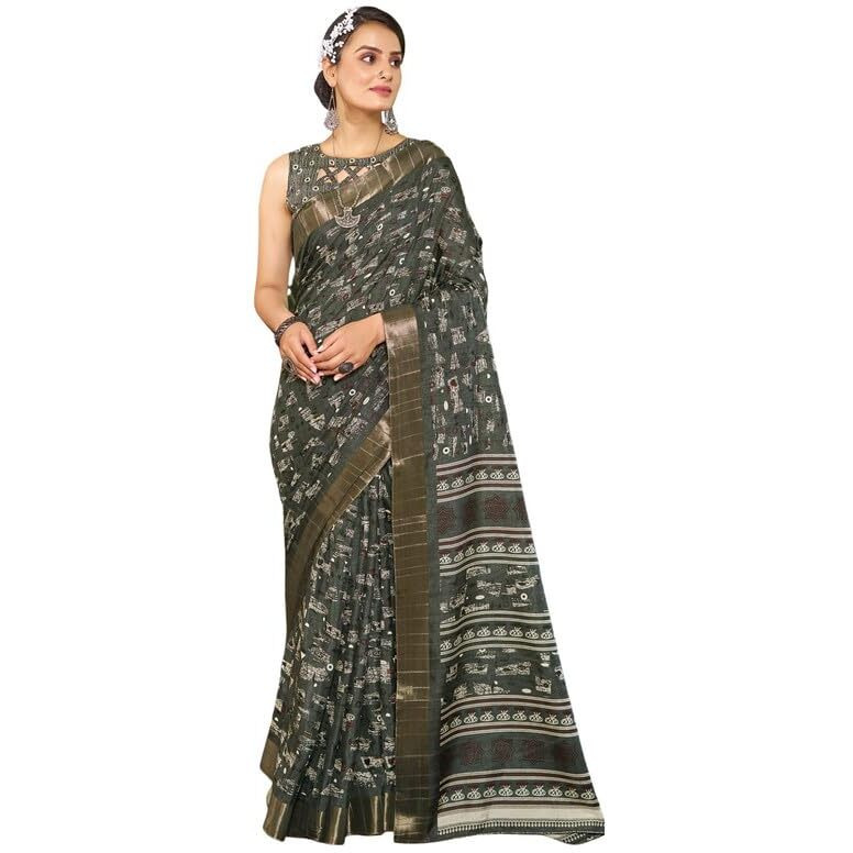 SIRIL Womens Silk Geometric Printed Zari Border Saree With Unstitched Blouse Piece (3645S1355_Dark Grey)