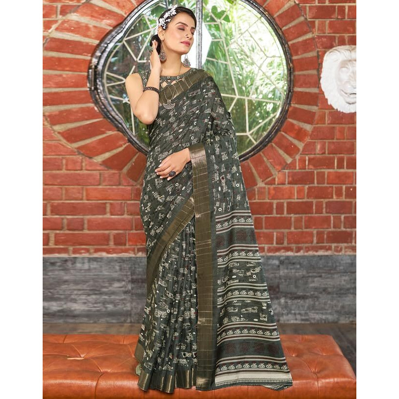 SIRIL Womens Silk Geometric Printed Zari Border Saree With Unstitched Blouse Piece (3645S1355_Dark Grey)