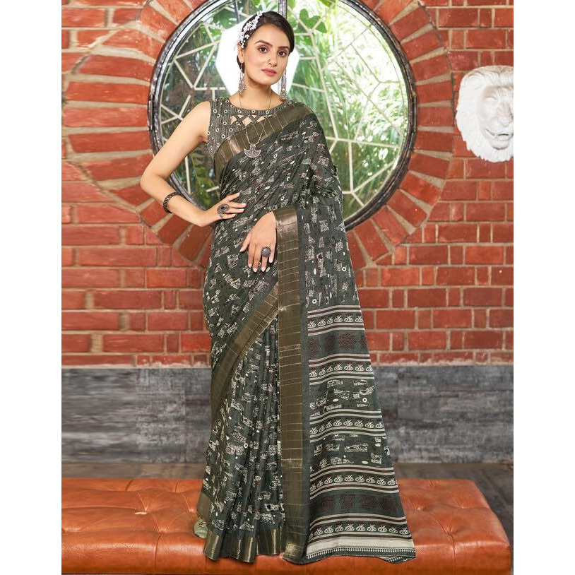SIRIL Womens Silk Geometric Printed Zari Border Saree With Unstitched Blouse Piece (3645S1355_Dark Grey)