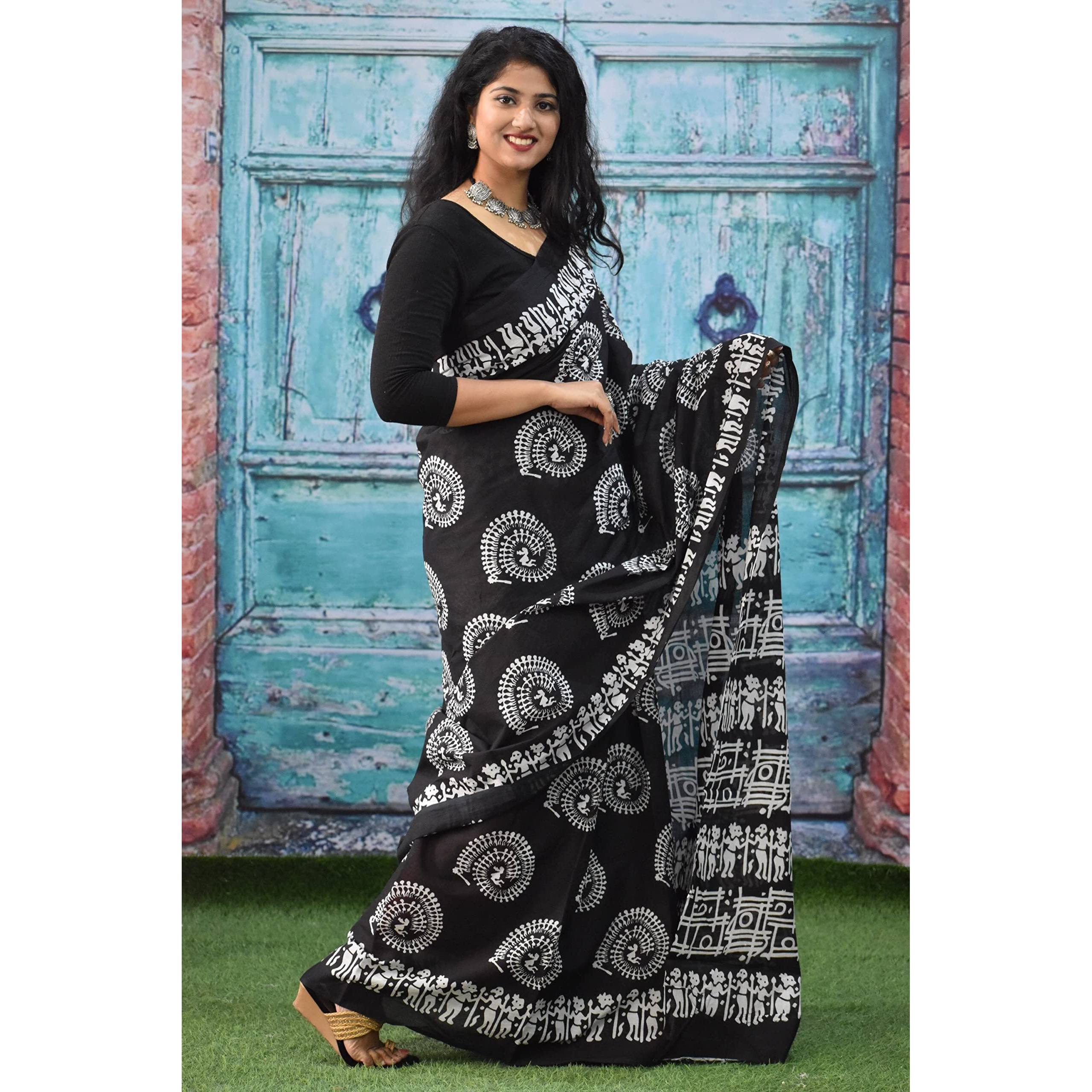Kiaaron Womens Ikat Hand Block Print Jaipuri Cotton Mulmul Saree with Blouse Piece - Black_009