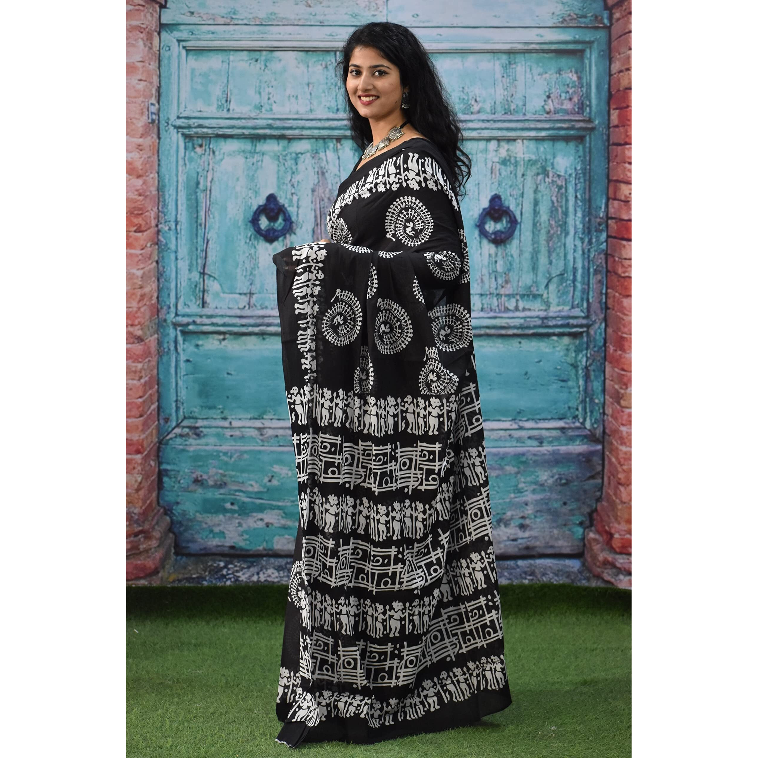 Kiaaron Womens Ikat Hand Block Print Jaipuri Cotton Mulmul Saree with Blouse Piece - Black_009