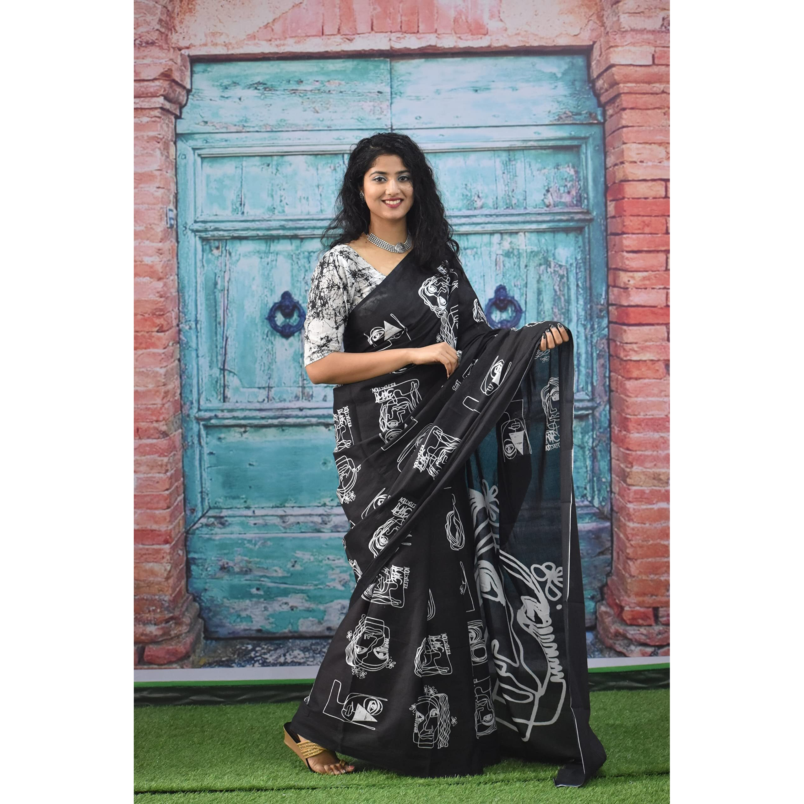 Kiaaron Womens Ikat Hand Block Print Jaipuri Cotton Mulmul Saree with Blouse Piece - Black_301